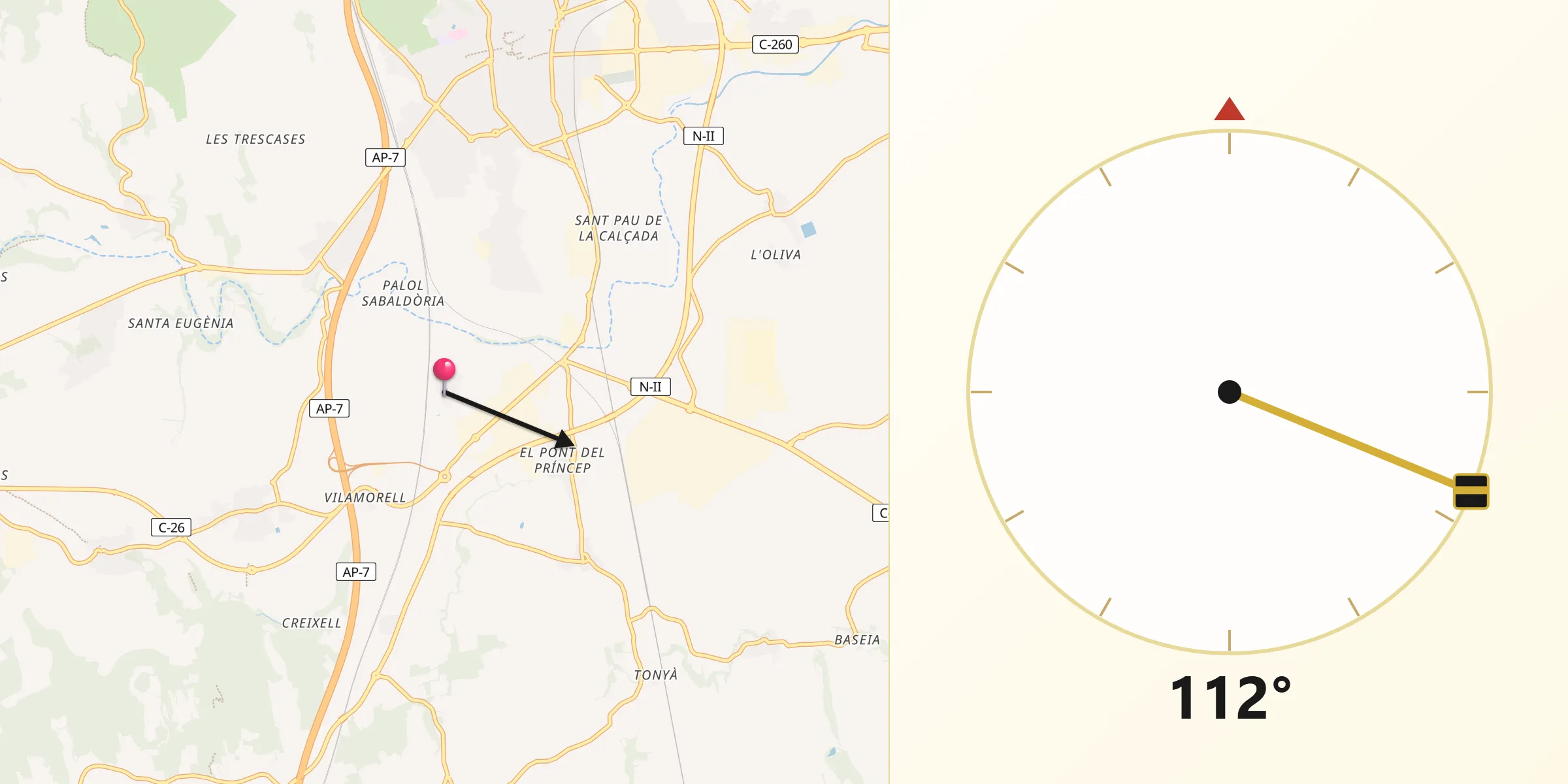 Dirección de la Qibla desde Santa Llogaia d'Àlguema
