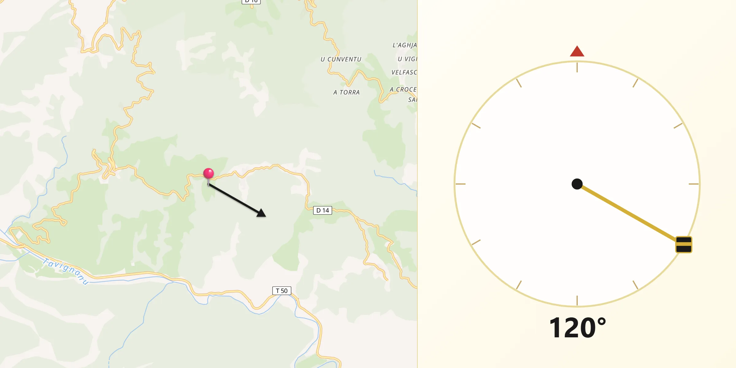 Direction vers la Qibla depuis Pietraserena