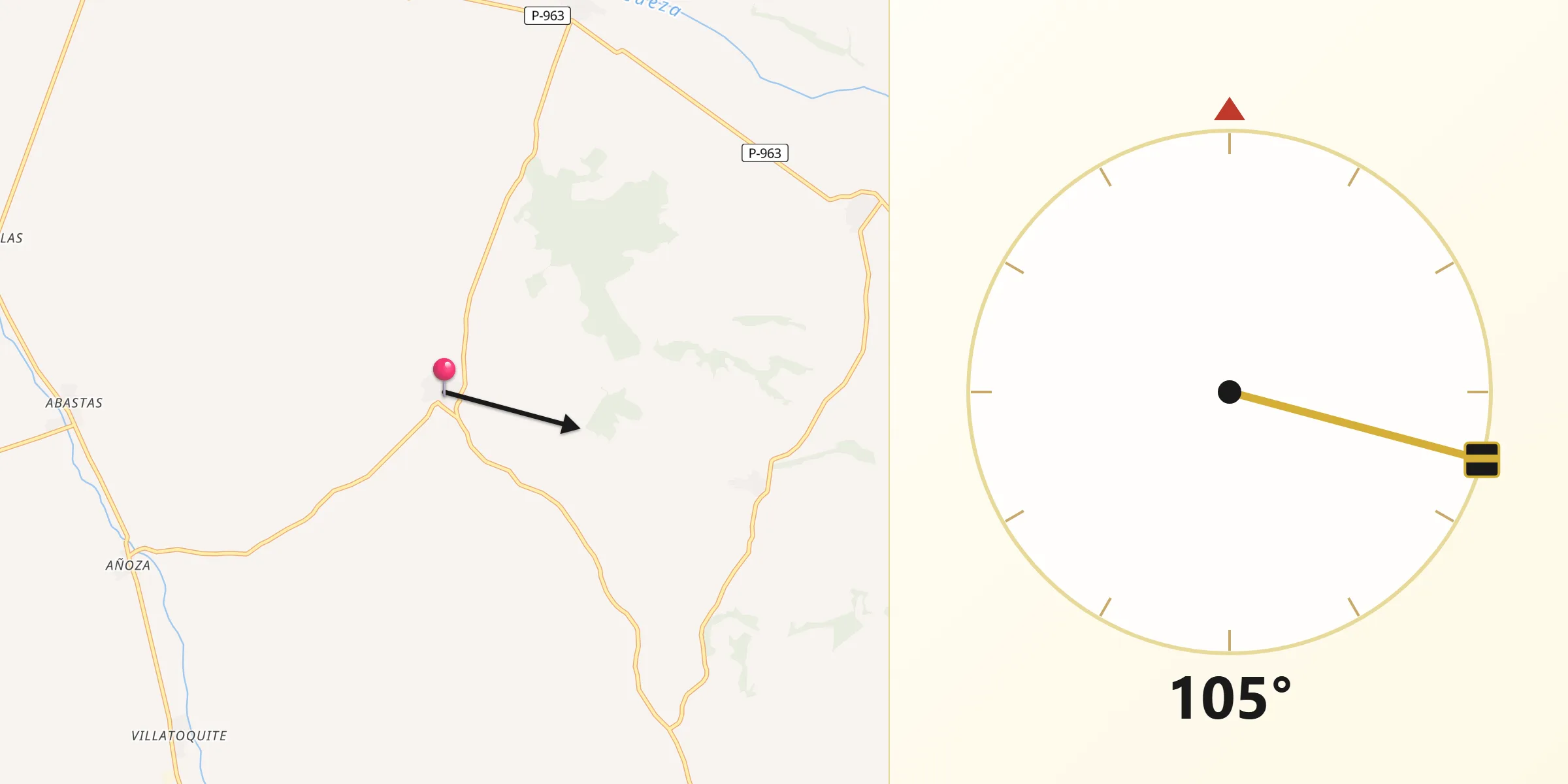 Dirección de la Qibla desde Villanueva del Rebollar