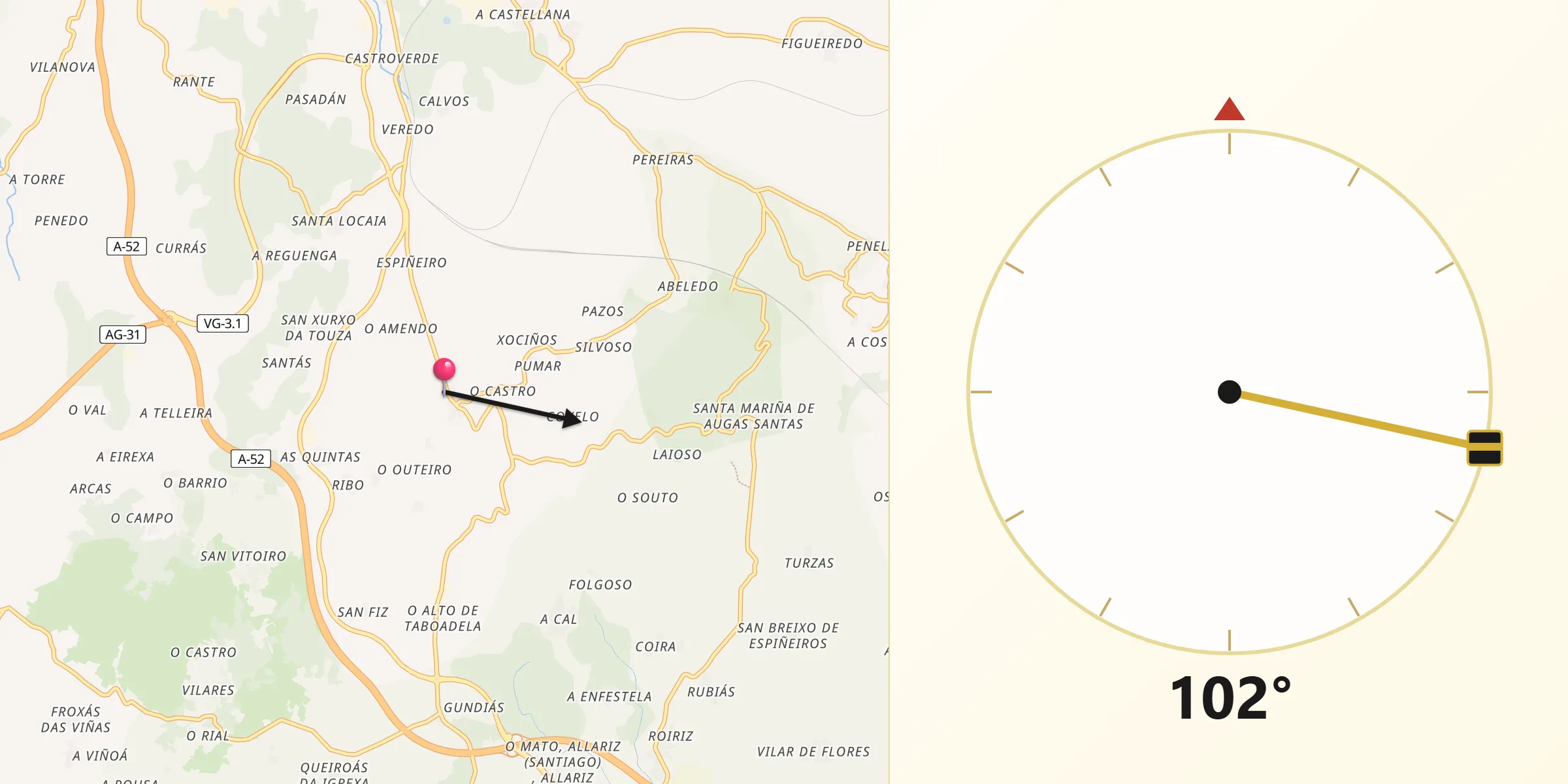 Dirección de la Qibla desde Taboadela