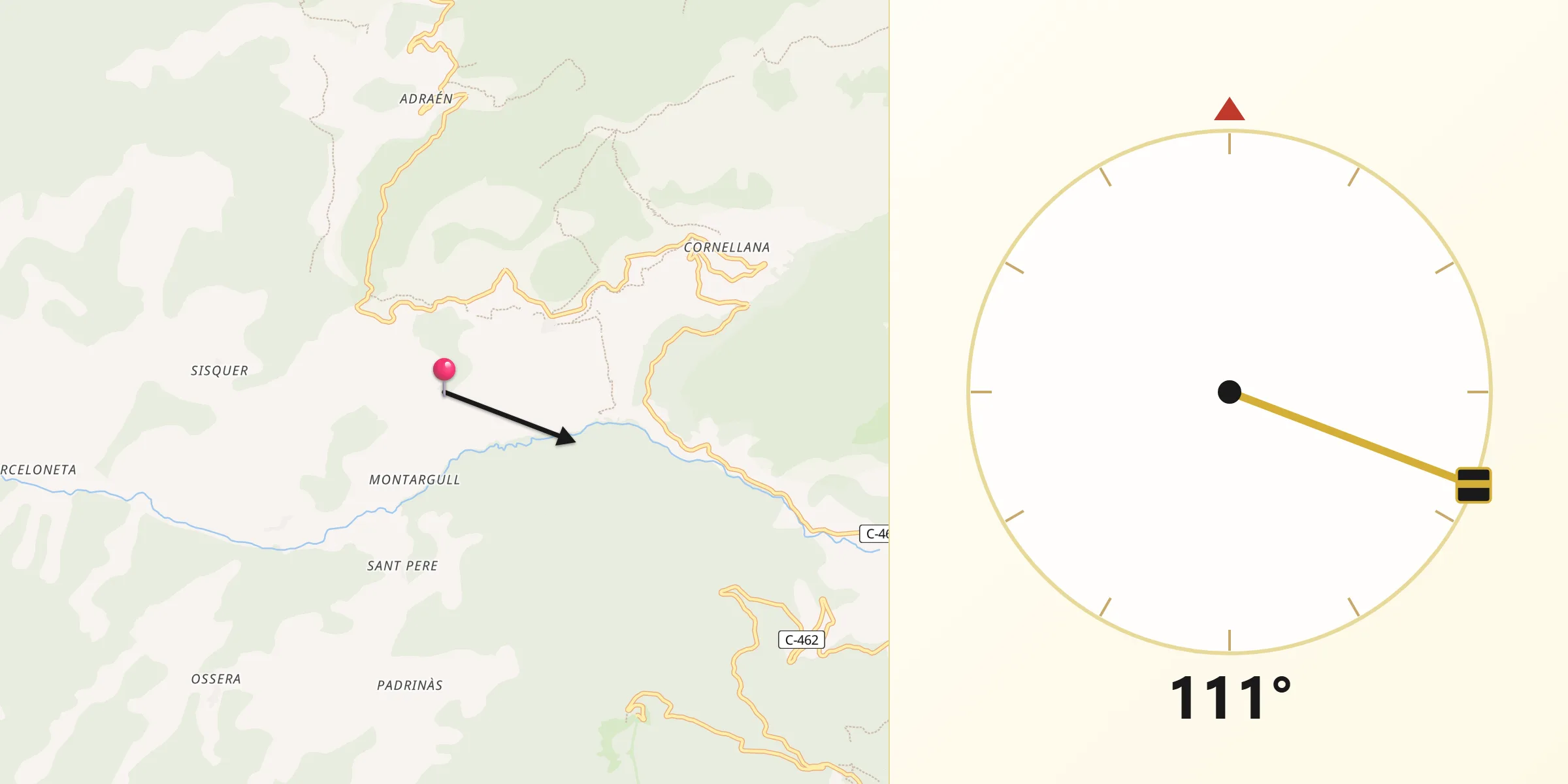 Dirección de la Qibla desde La Vansa i Fórnols