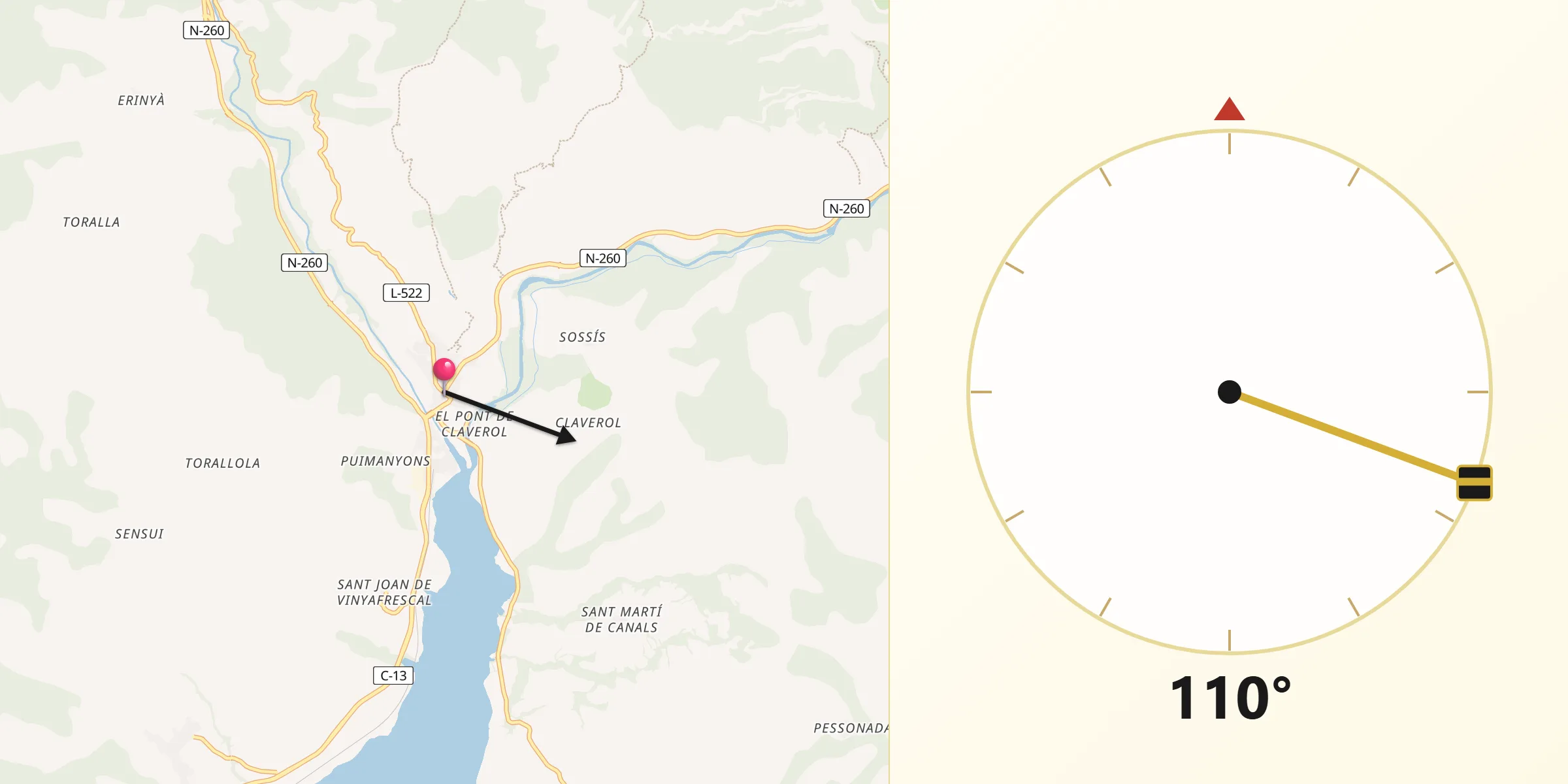 Dirección de la Qibla desde La Pobla de Segur