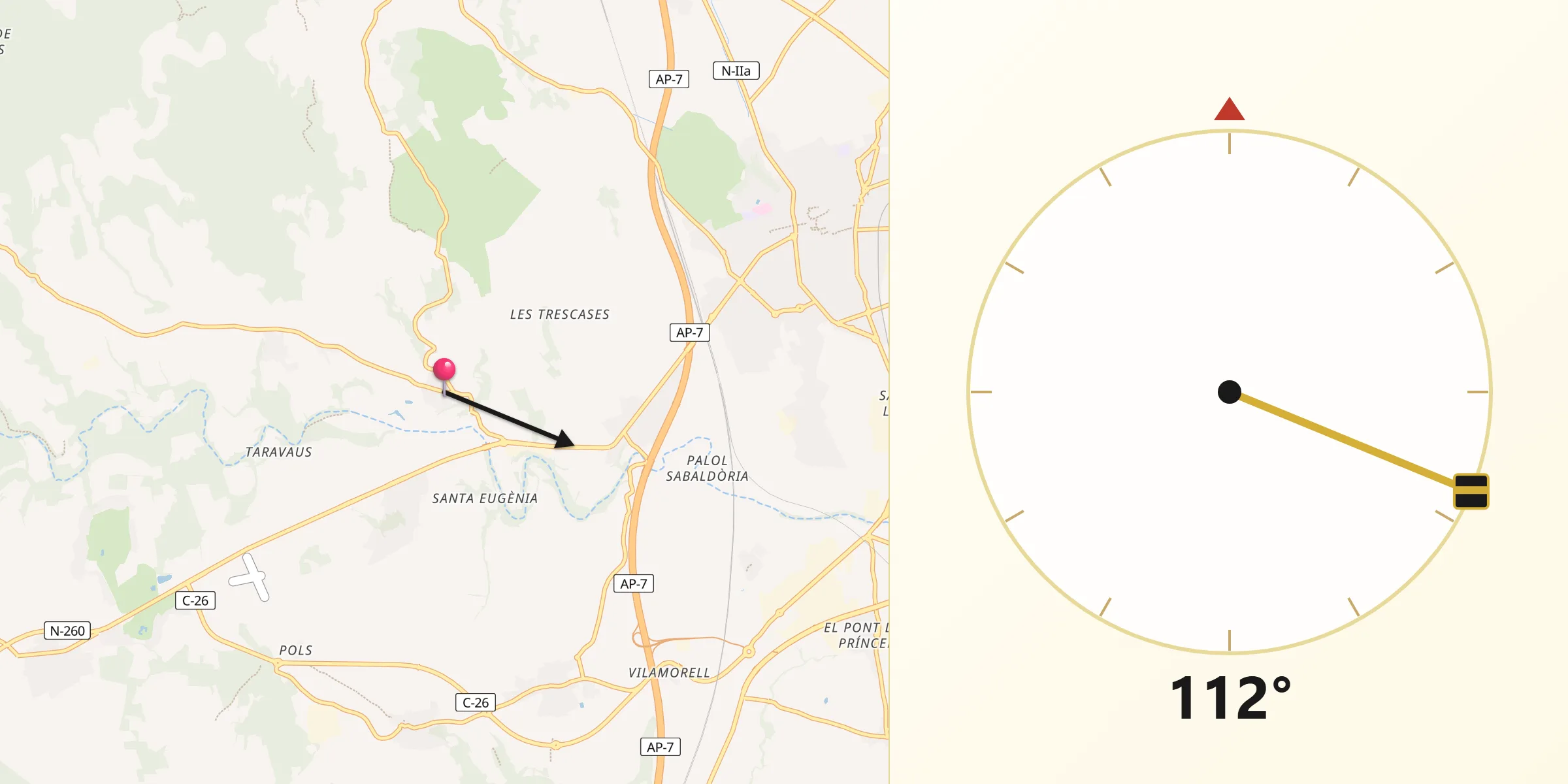 Dirección de la Qibla desde Avinyonet de Puigventós