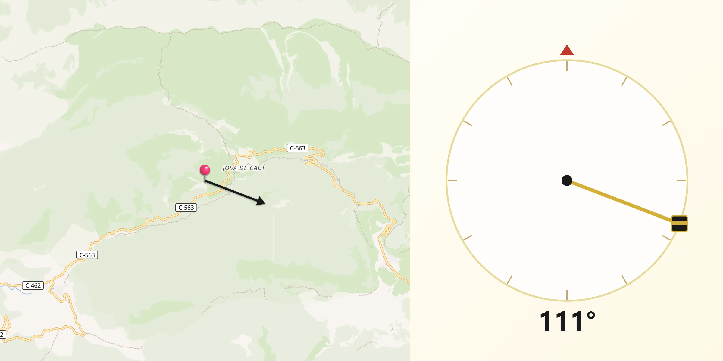 Dirección de la Qibla desde Josa i Tuixén
