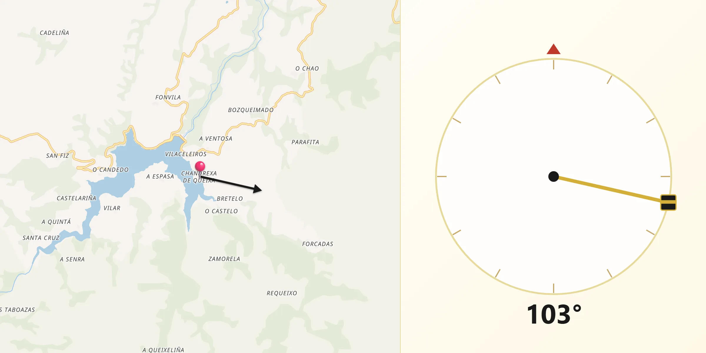 Dirección de la Qibla desde Chandrexa de Queixa