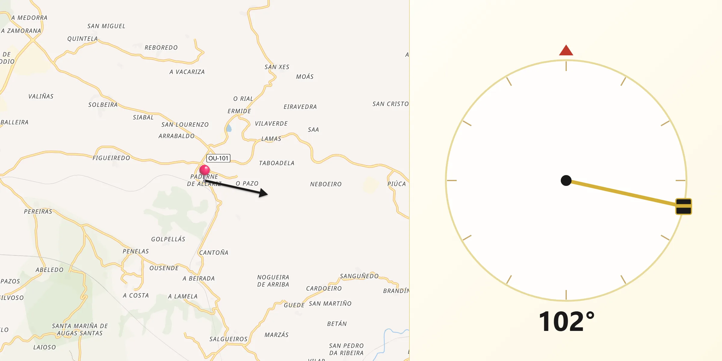 Dirección de la Qibla desde Paderne de Allariz