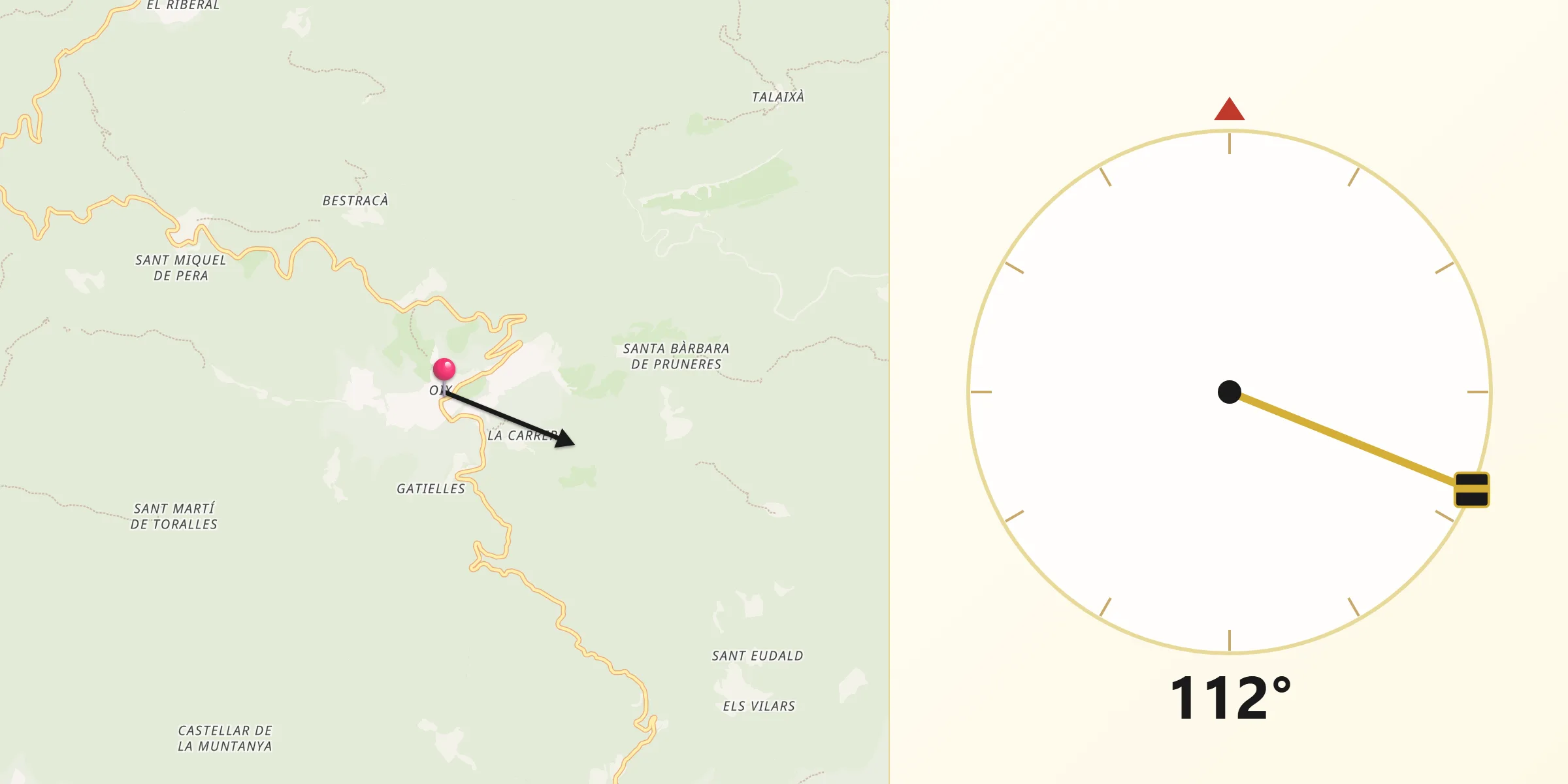 Dirección de la Qibla desde Montagut i Oix