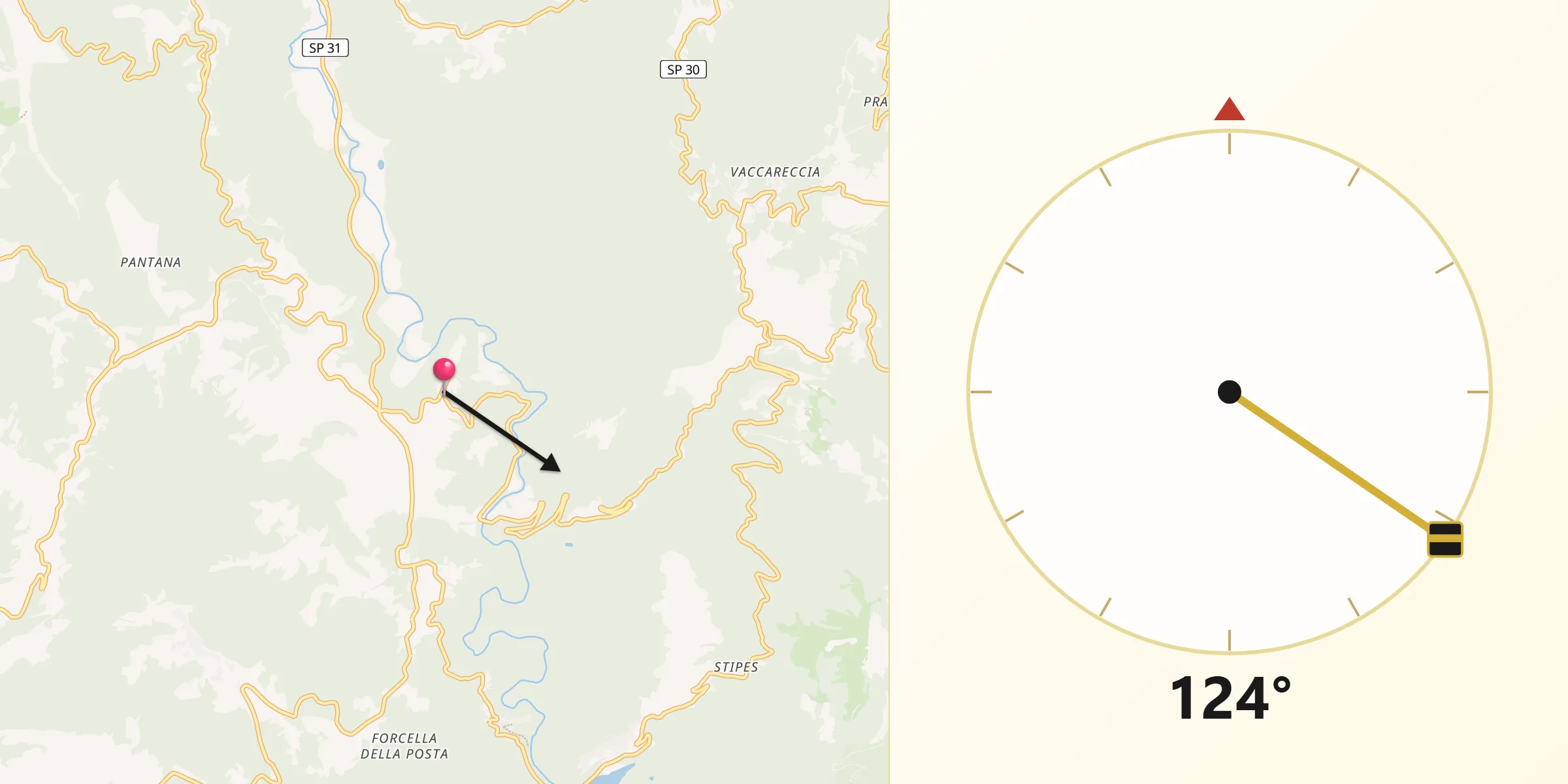 Direzione della Qibla da Rocca Sinibalda