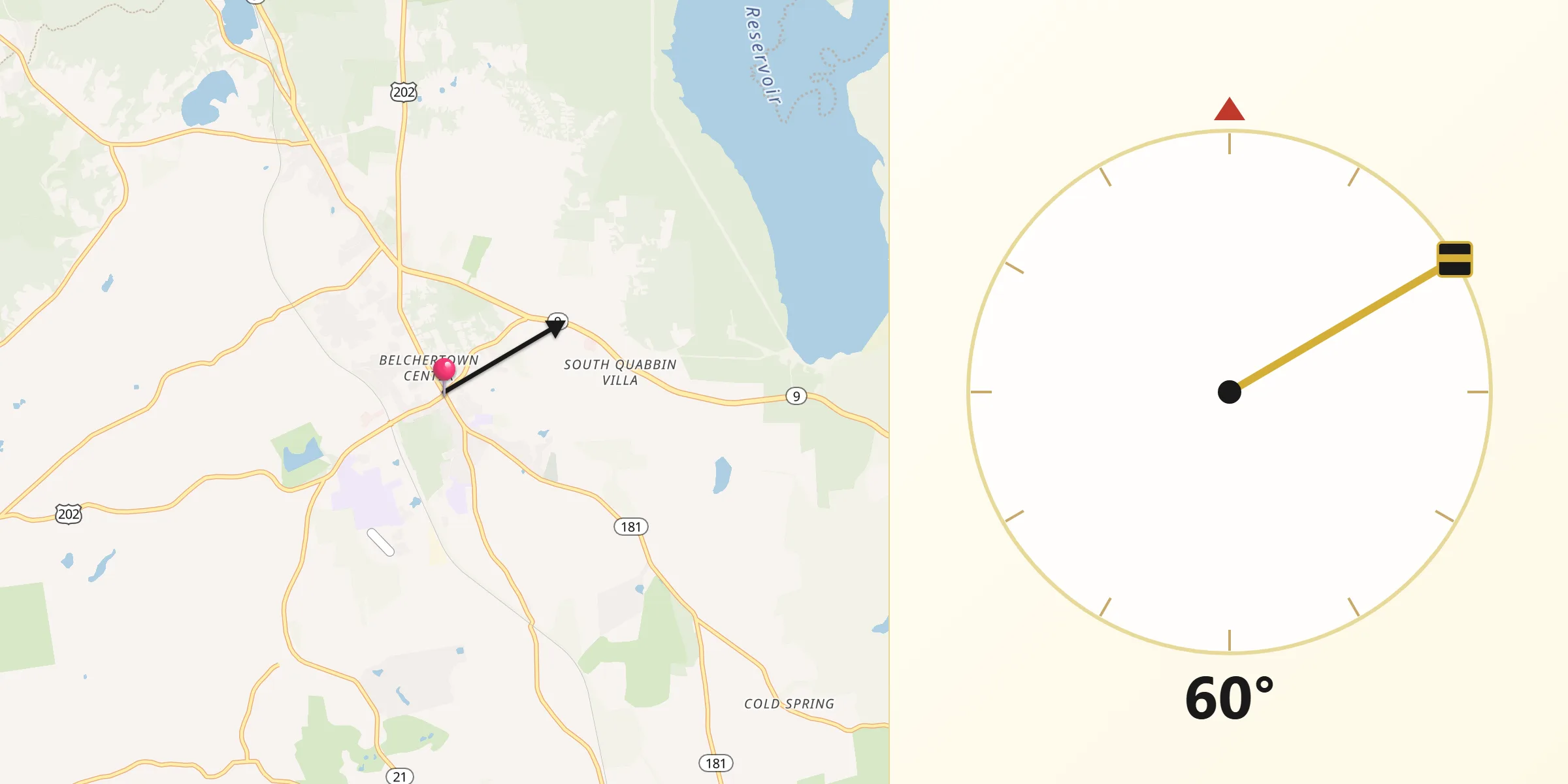 Qibla Direction from Belchertown