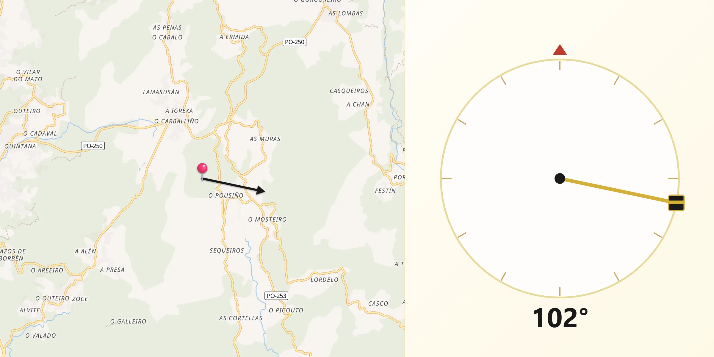 Dirección de la Qibla desde Pazos de Borbén