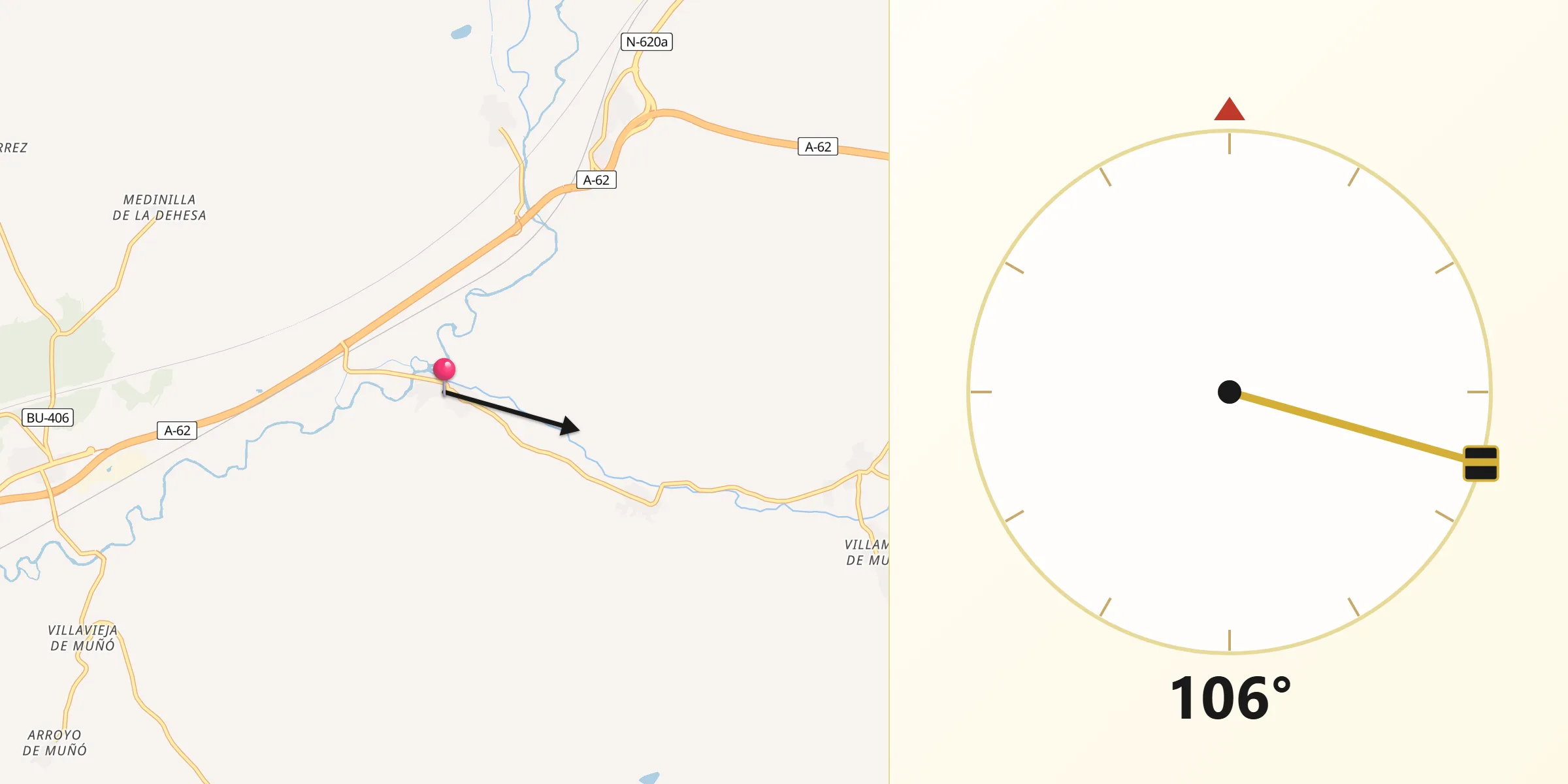 Dirección de la Qibla desde Cavia