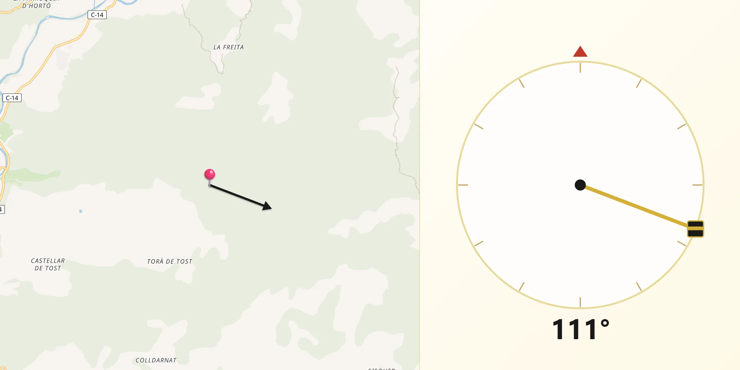 Dirección de la Qibla desde Ribera d'Urgellet