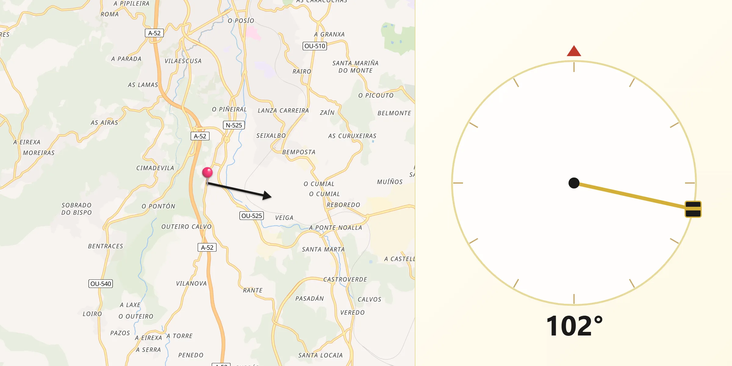 Dirección de la Qibla desde San Cibrao das Viñas