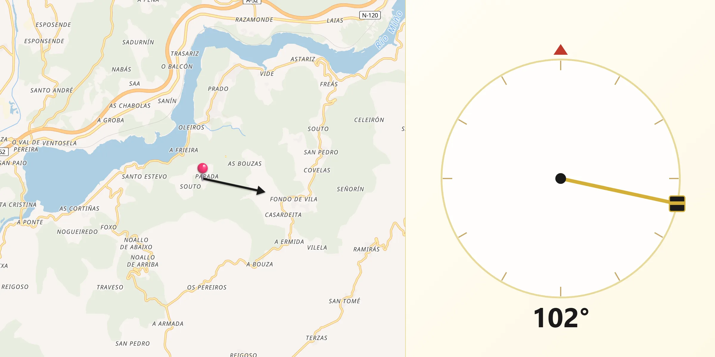 Dirección de la Qibla desde Castrelo de Miño