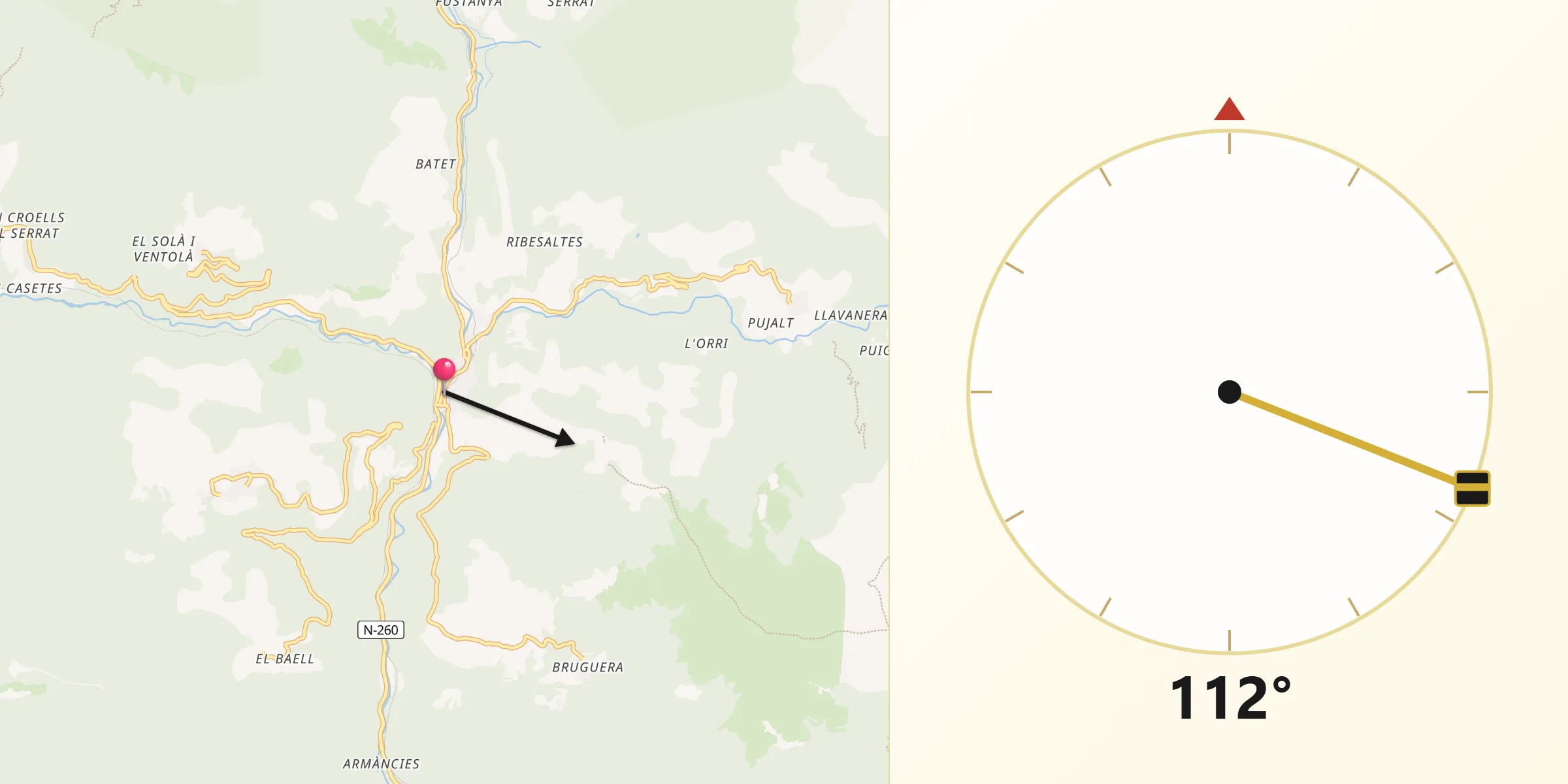 Dirección de la Qibla desde Ribes de Freser