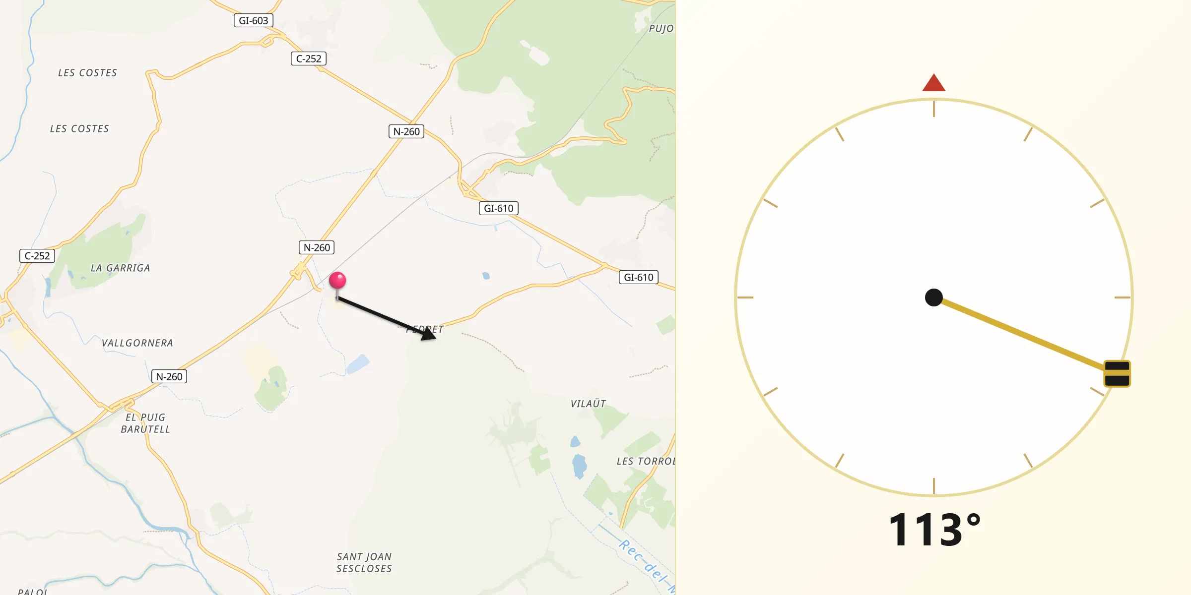 Dirección de la Qibla desde Pedret i Marzà