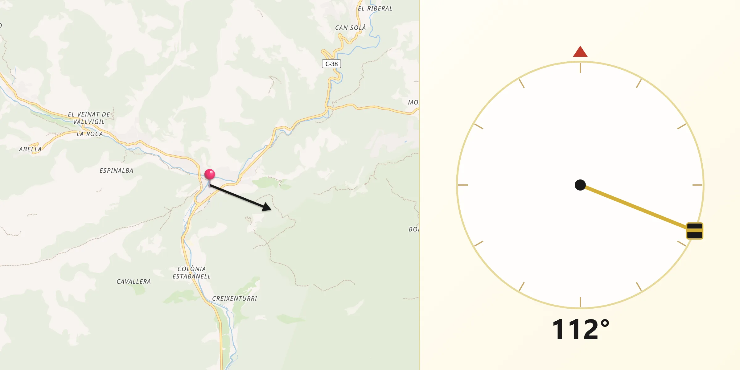Dirección de la Qibla desde Camprodon