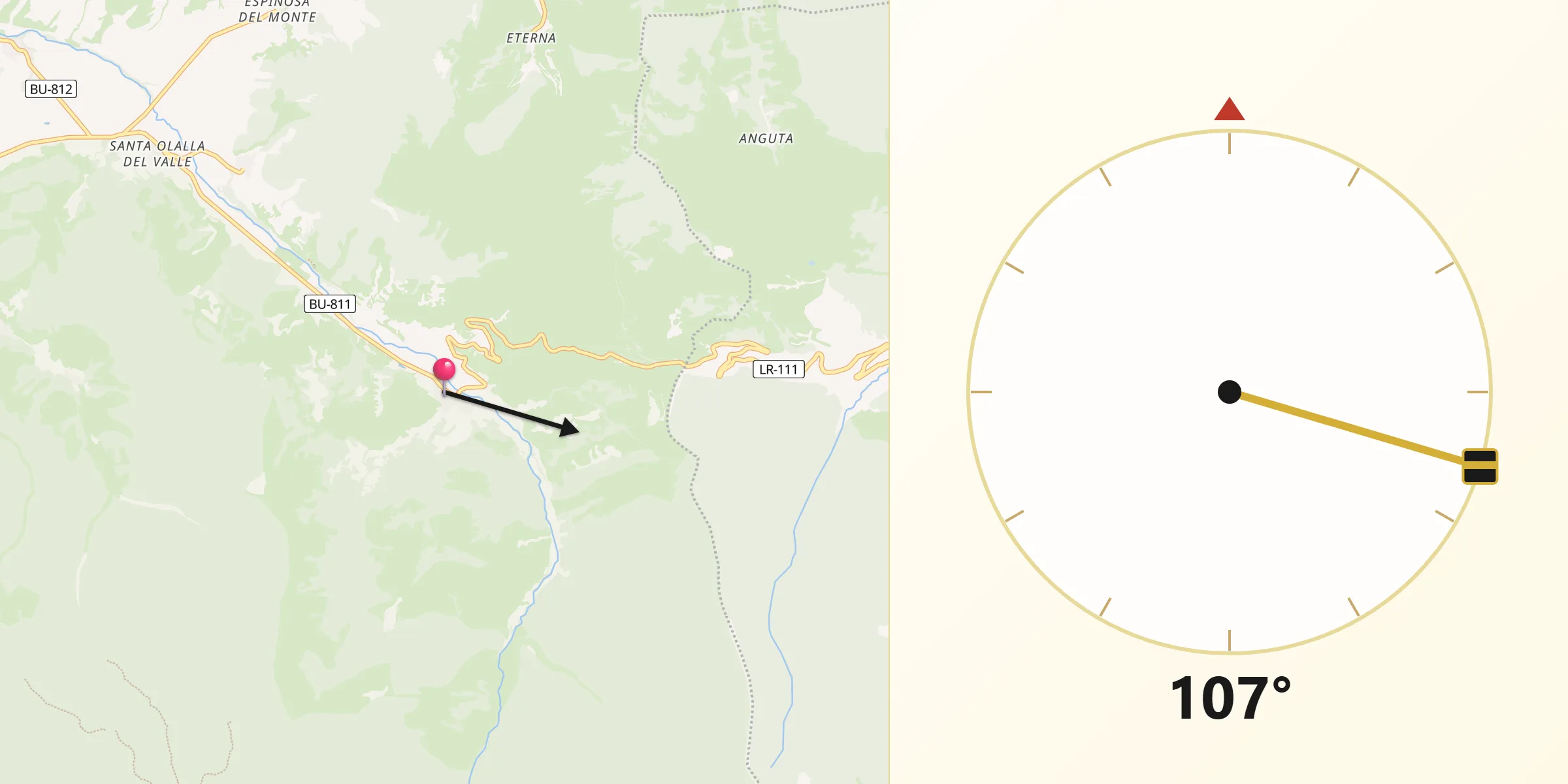 Dirección de la Qibla desde Fresneda de la Sierra Tirón