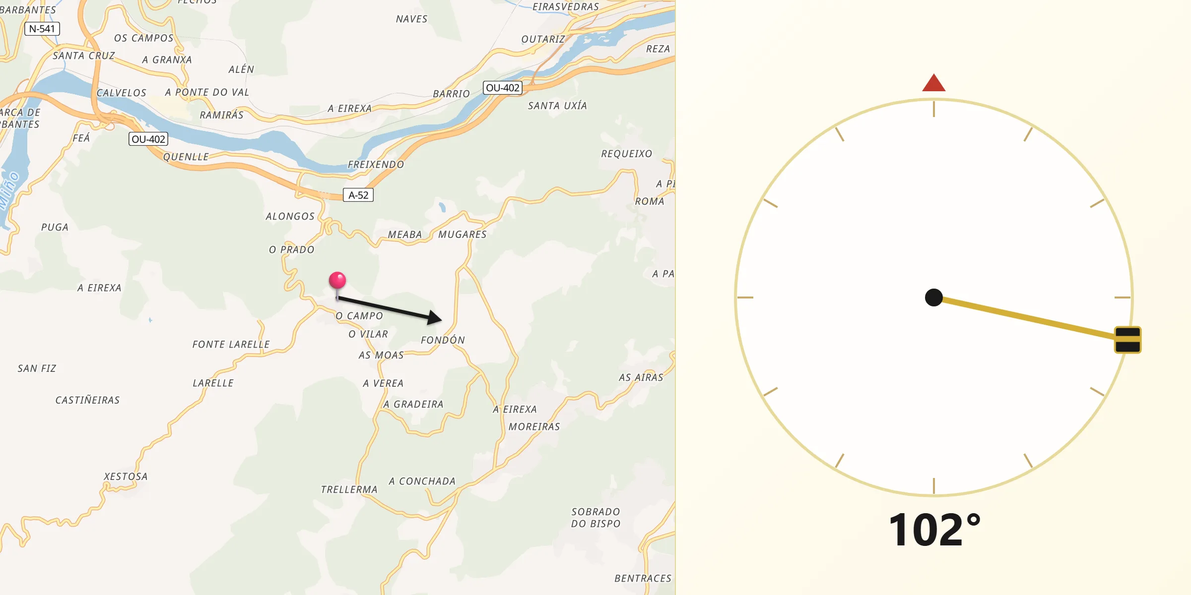 Dirección de la Qibla desde Toén