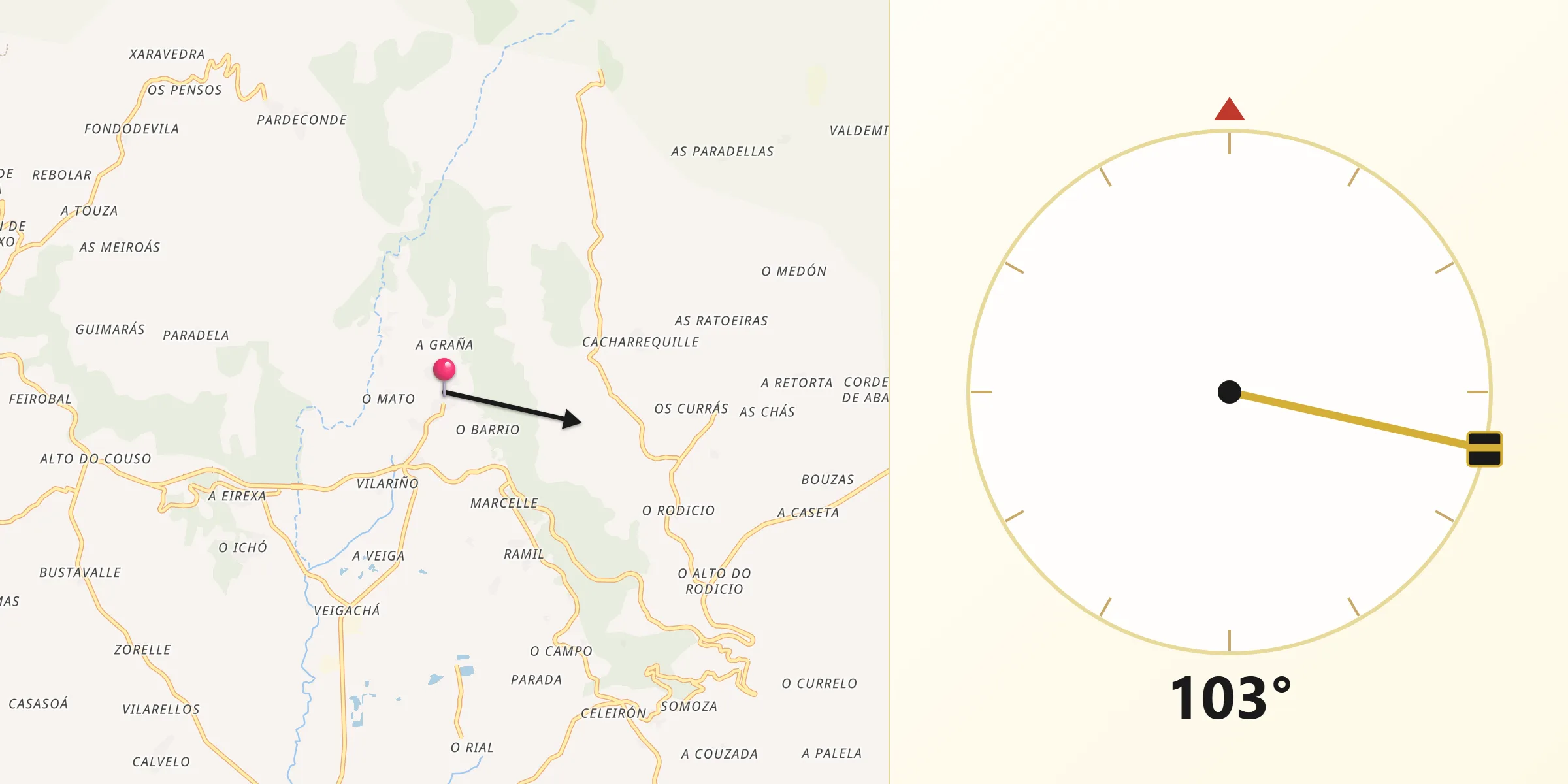 Dirección de la Qibla desde Xunqueira de Espadanedo