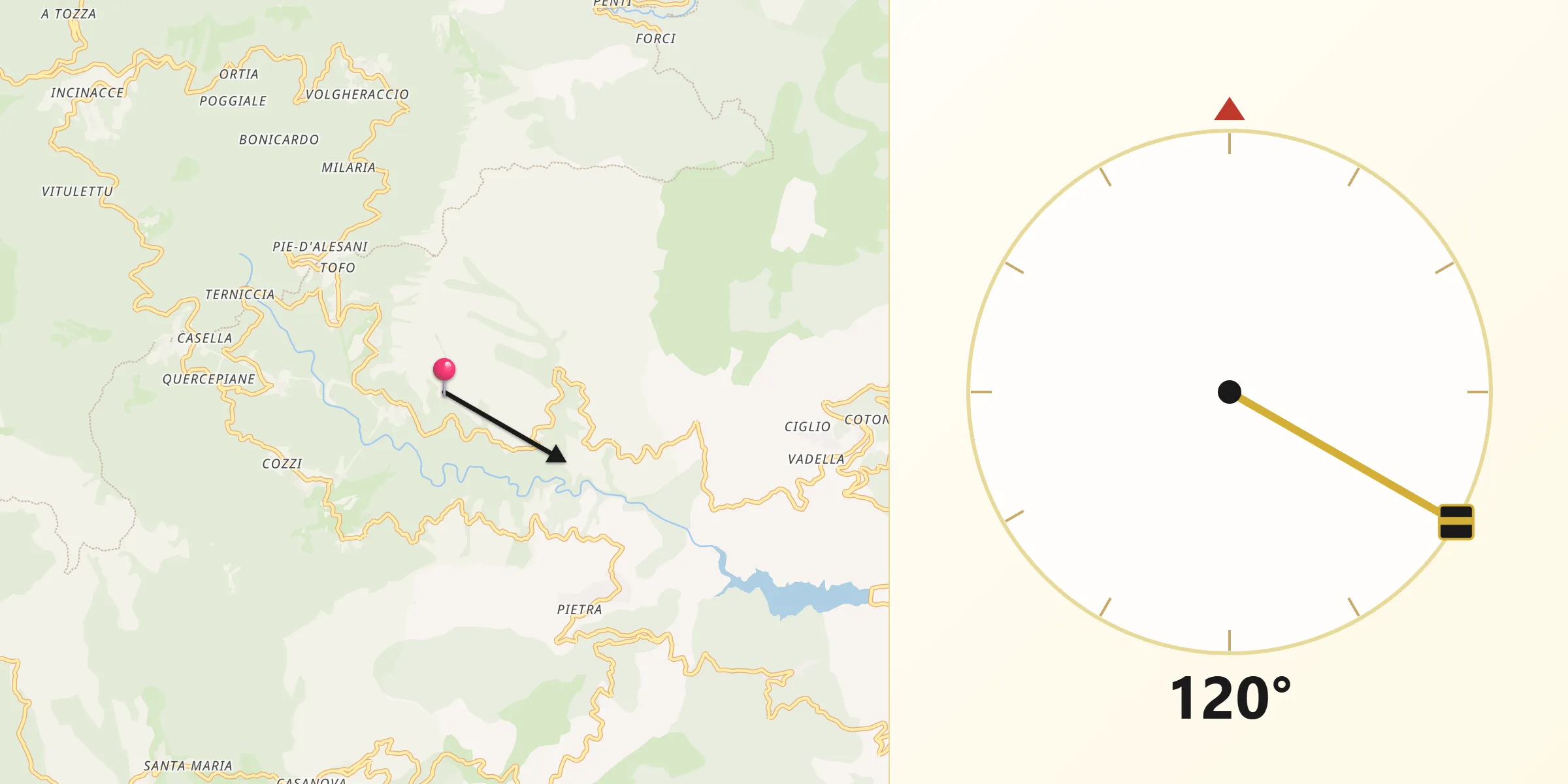 Direction vers la Qibla depuis Cervione