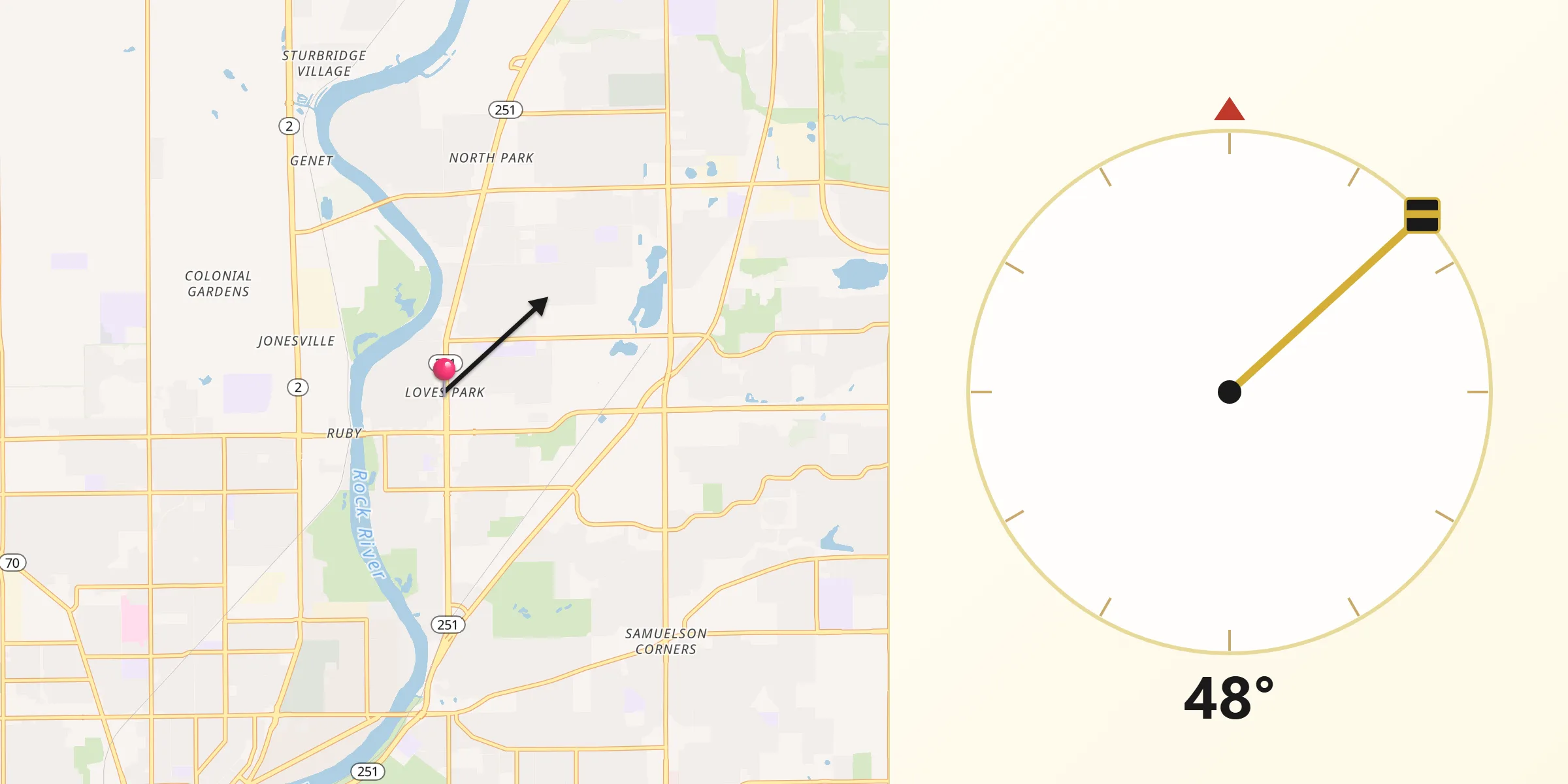 Qibla Direction from Loves Park