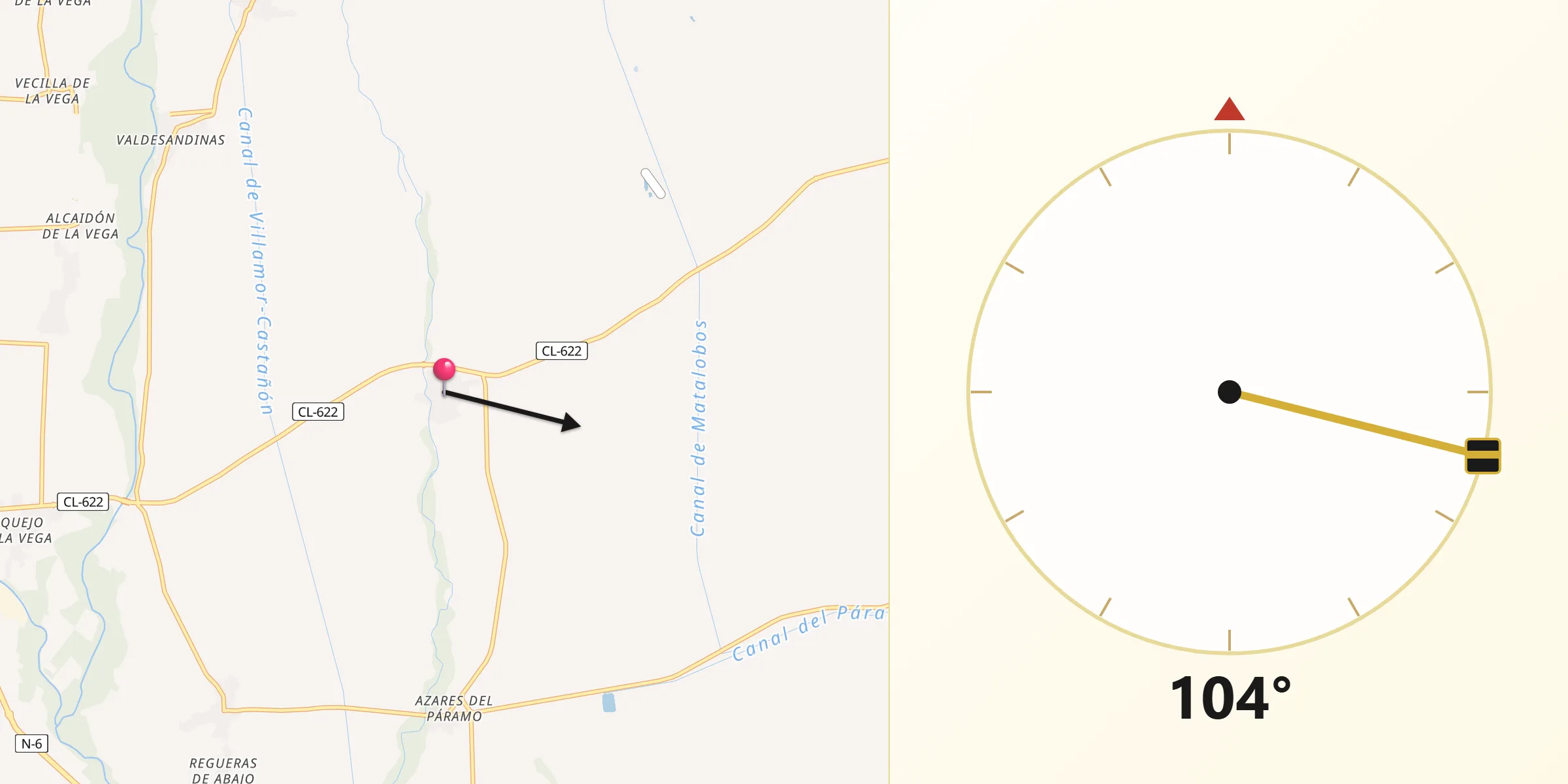 Dirección de la Qibla desde Valdefuentes del Páramo