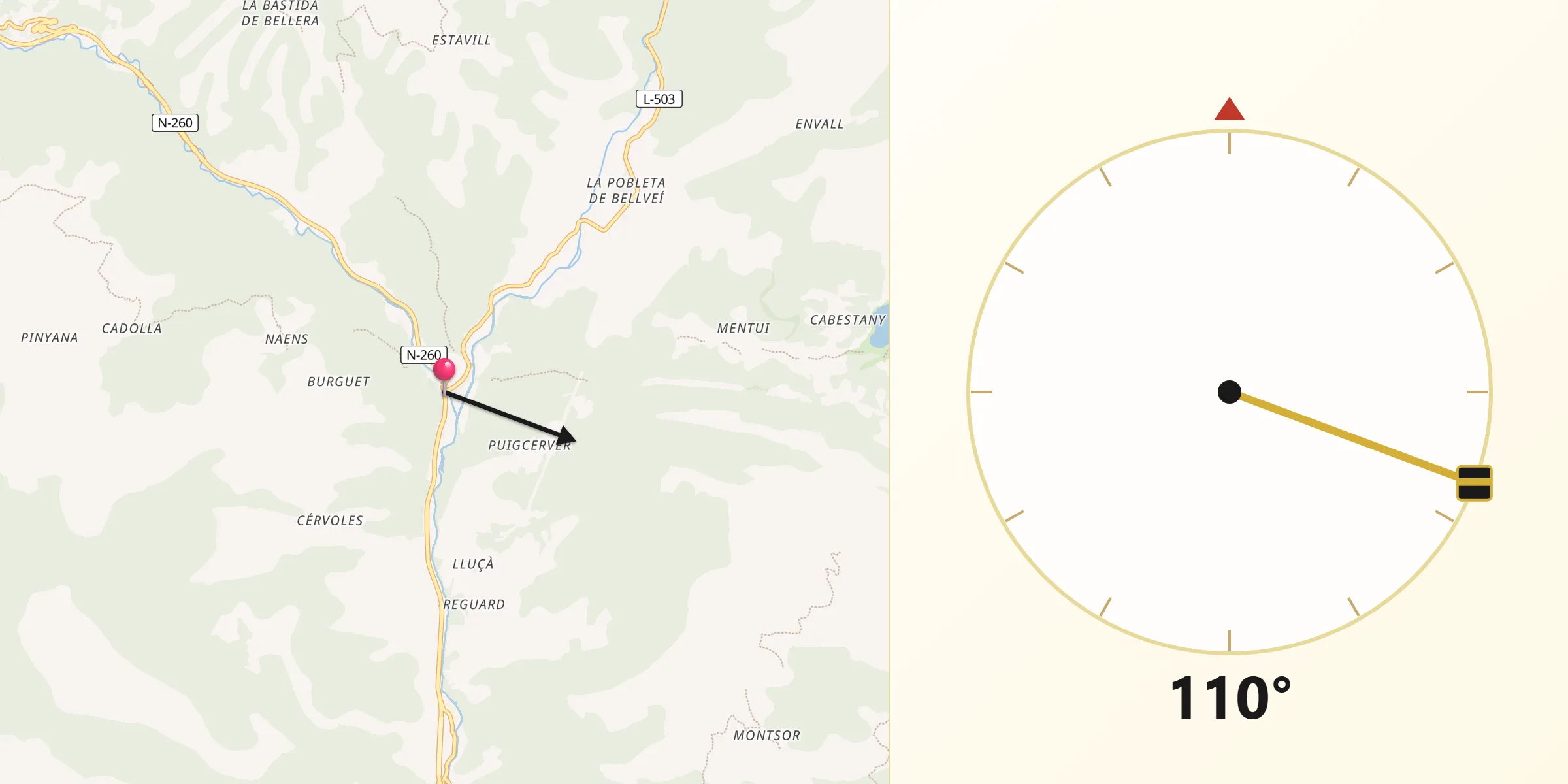 Dirección de la Qibla desde Senterada