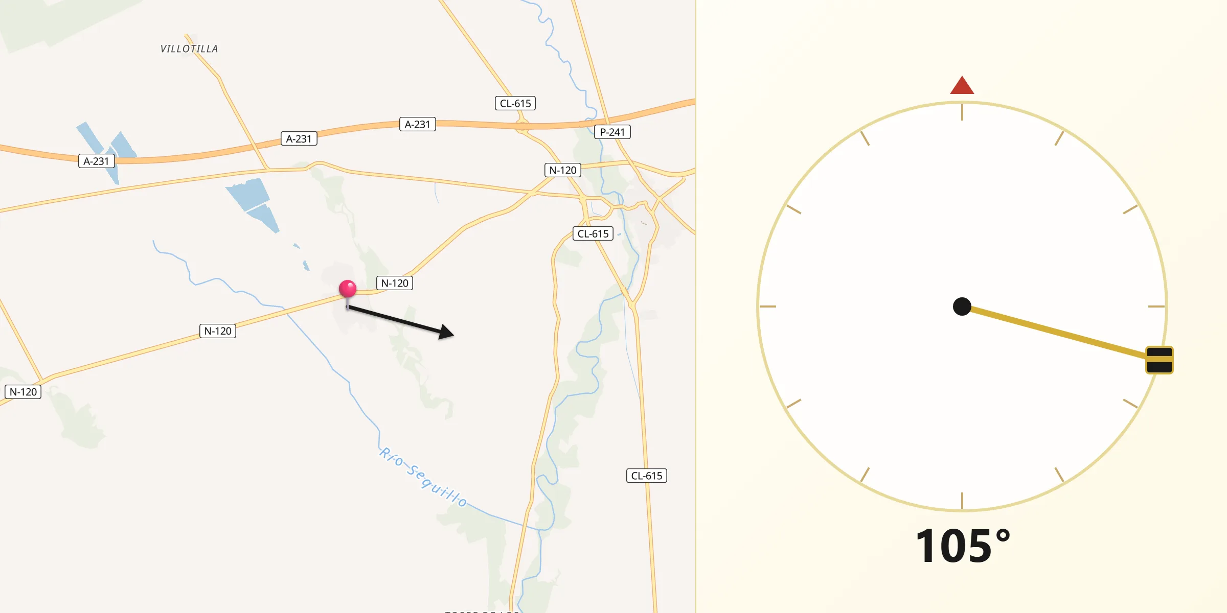 Dirección de la Qibla desde Calzada de los Molinos