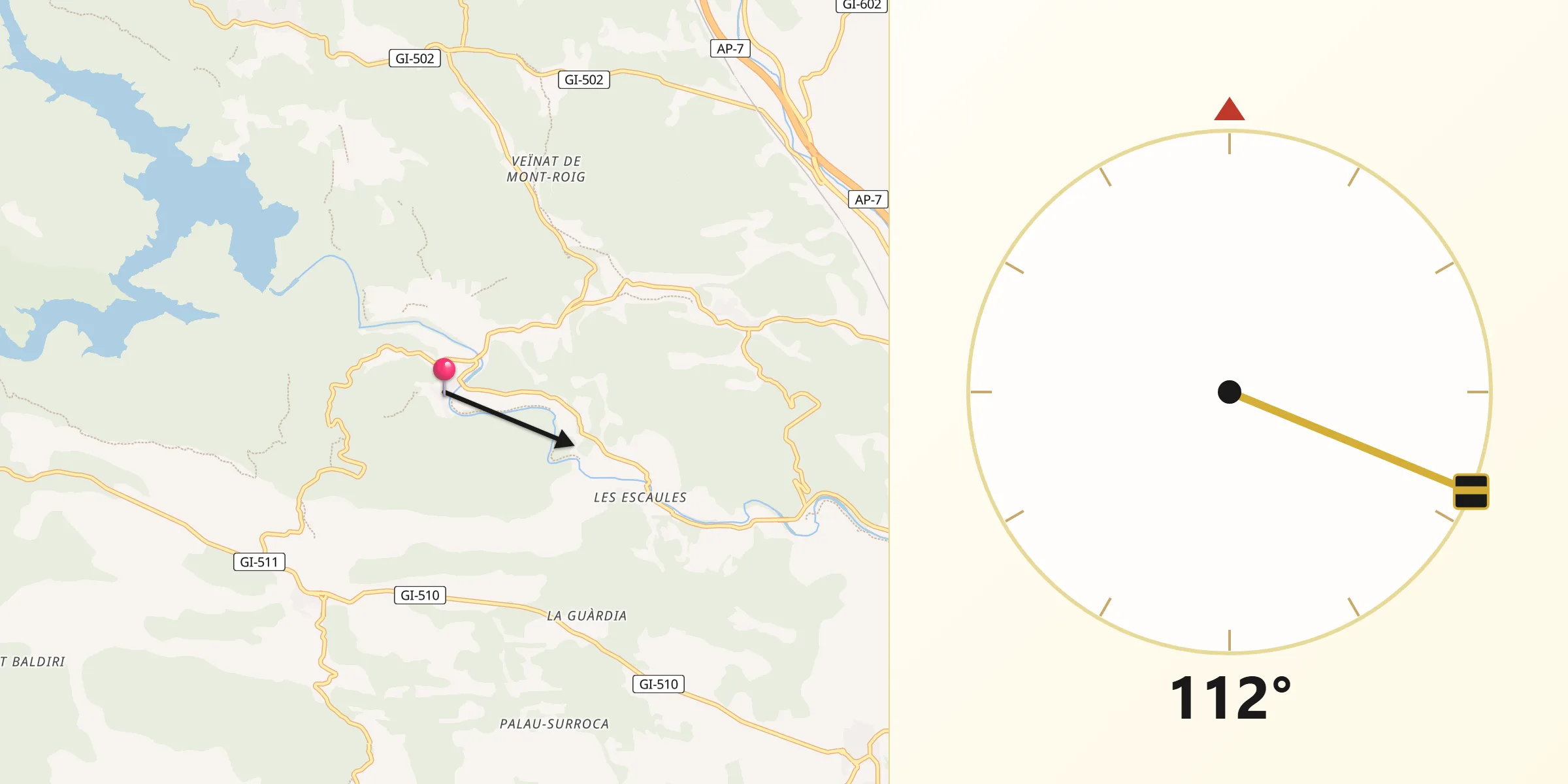 Dirección de la Qibla desde Boadella i les Escaules
