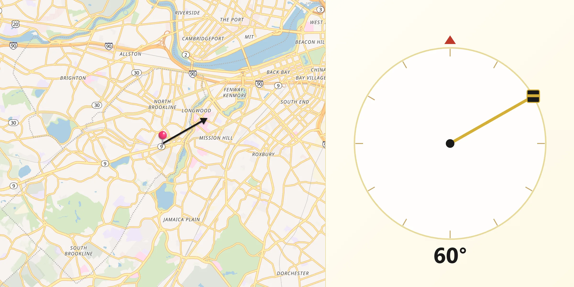 Qibla Direction from Brookline