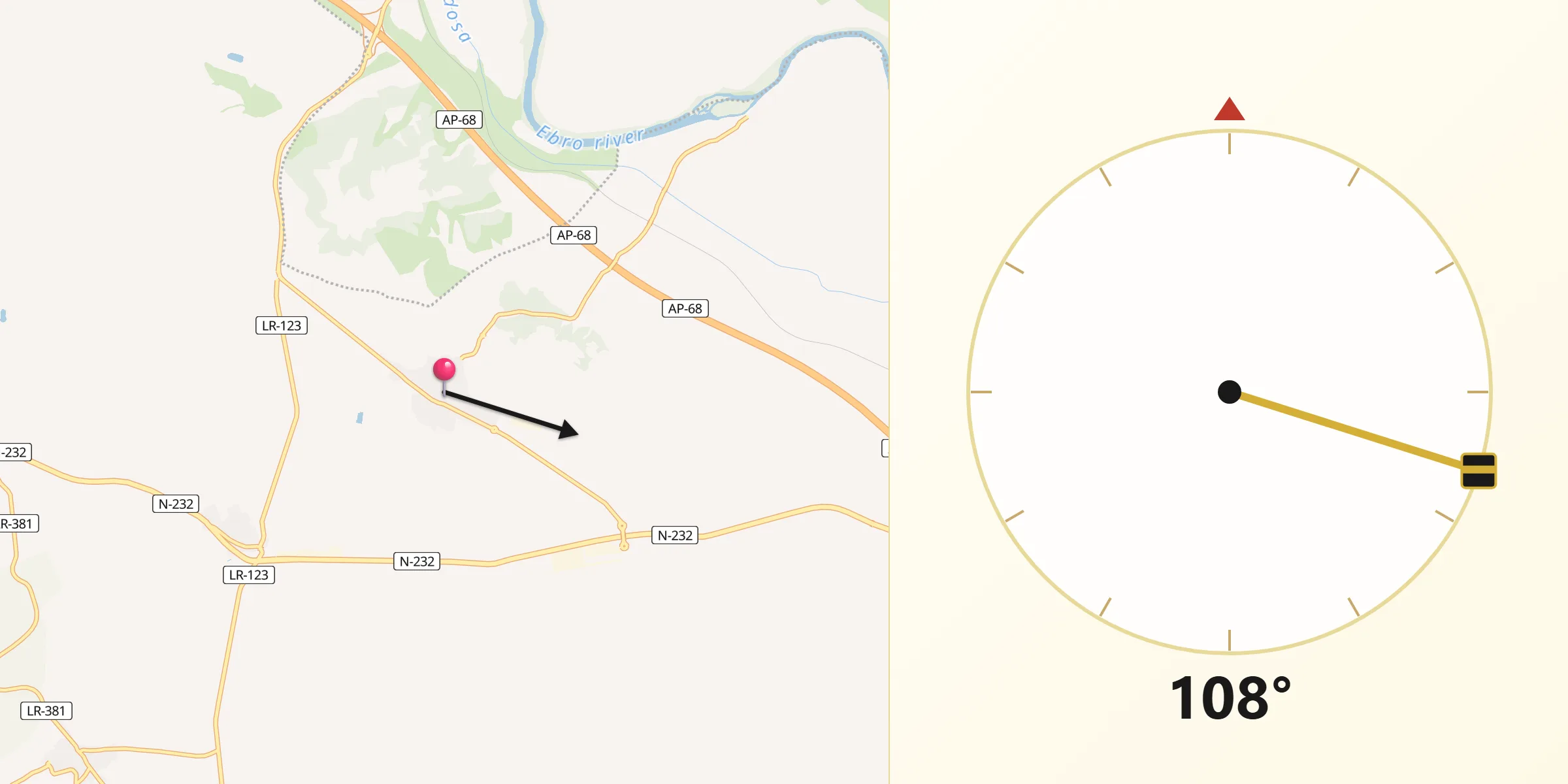 Dirección de la Qibla desde Pradejón