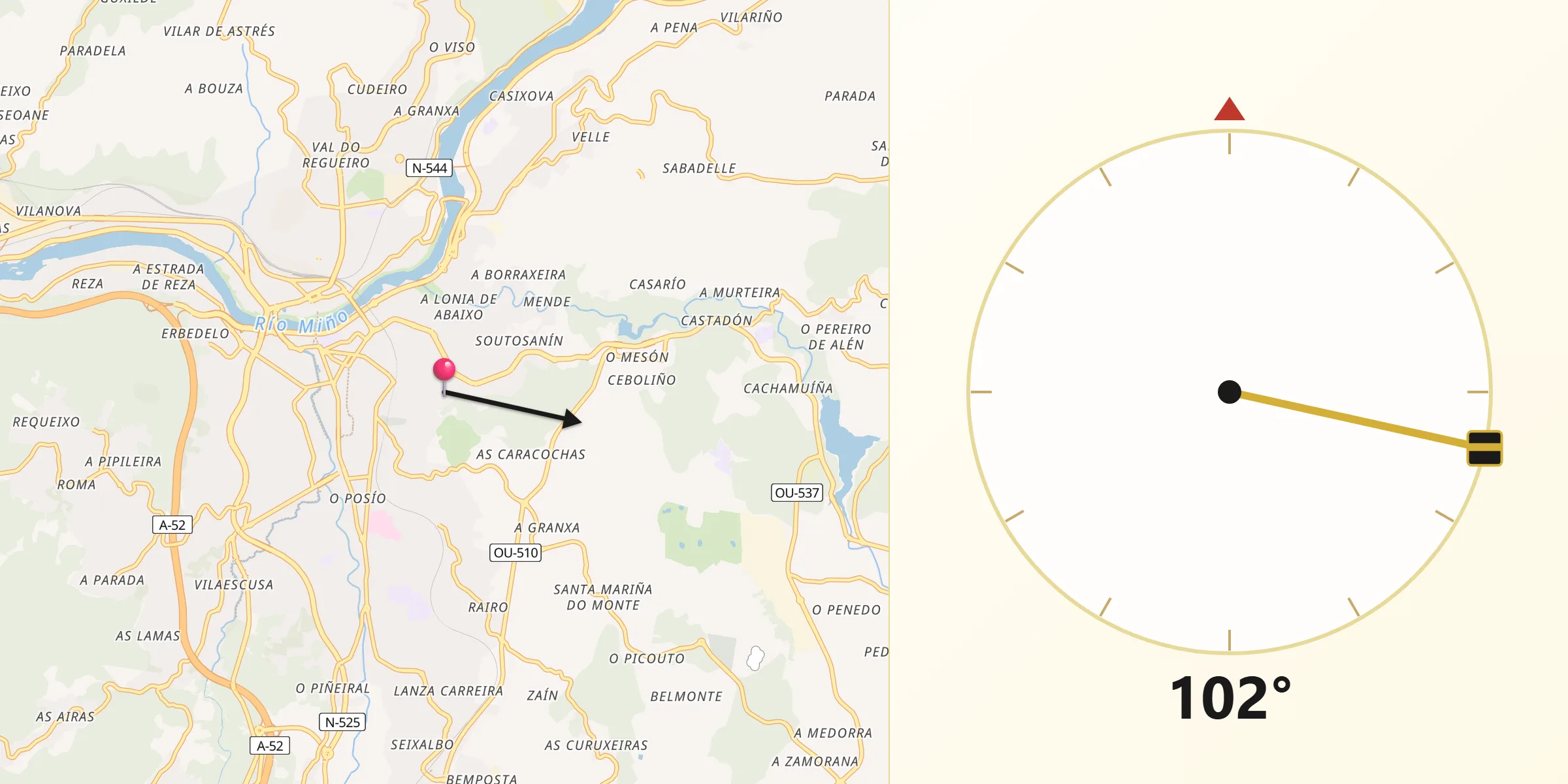 Dirección de la Qibla desde Viana do Bolo
