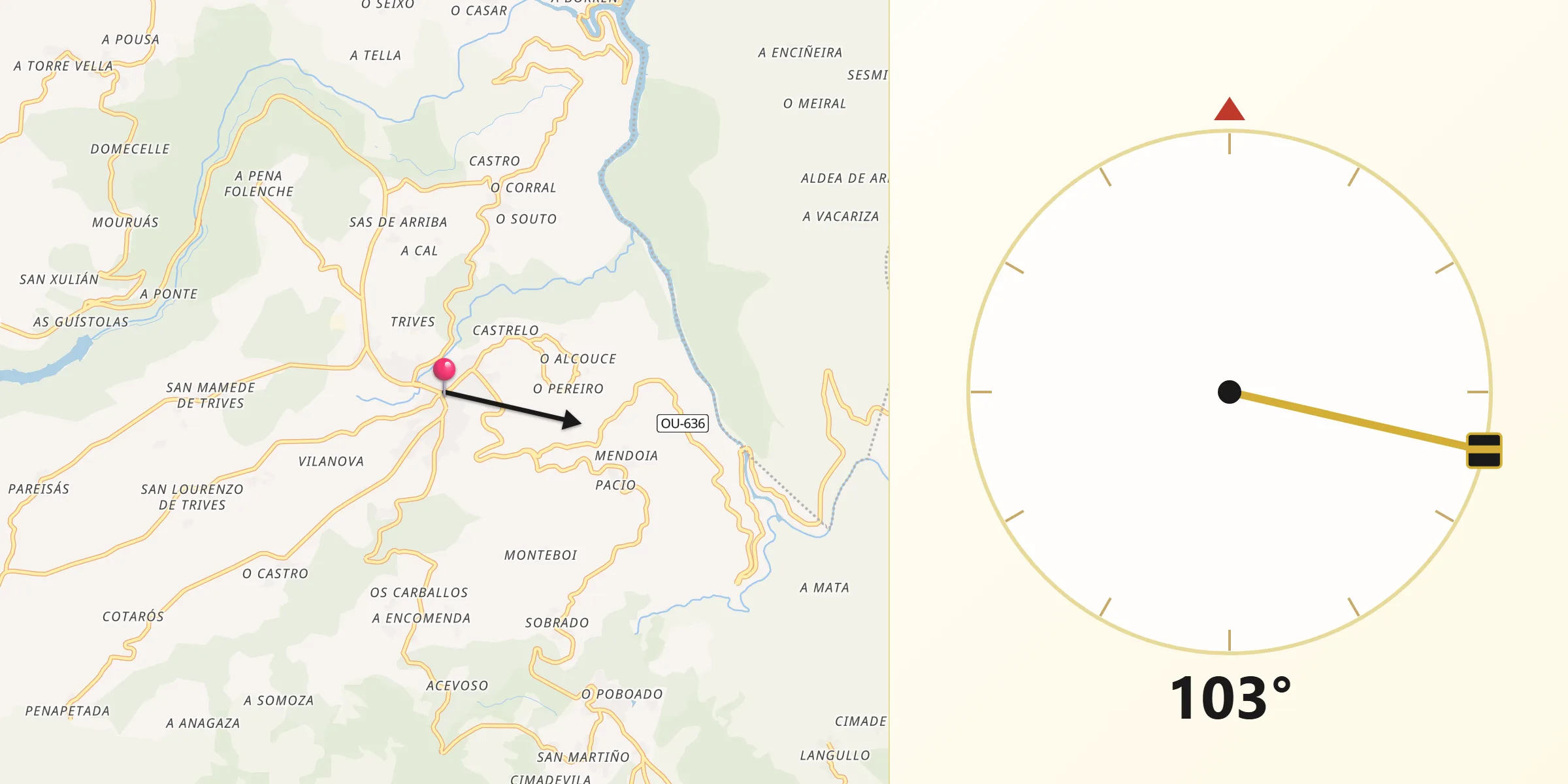 Dirección de la Qibla desde Pobra de Trives A