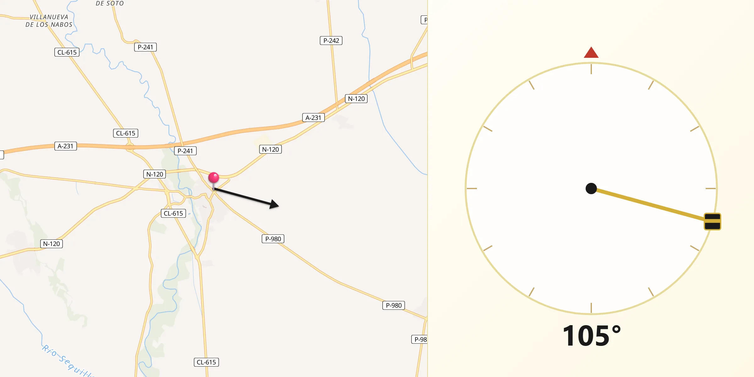 Dirección de la Qibla desde Carrión de los Condes