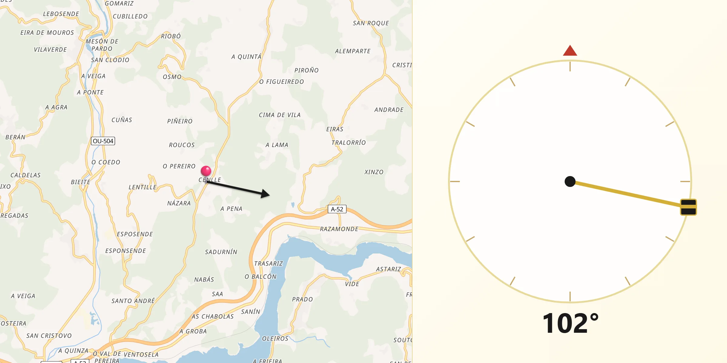 Dirección de la Qibla desde Cenlle