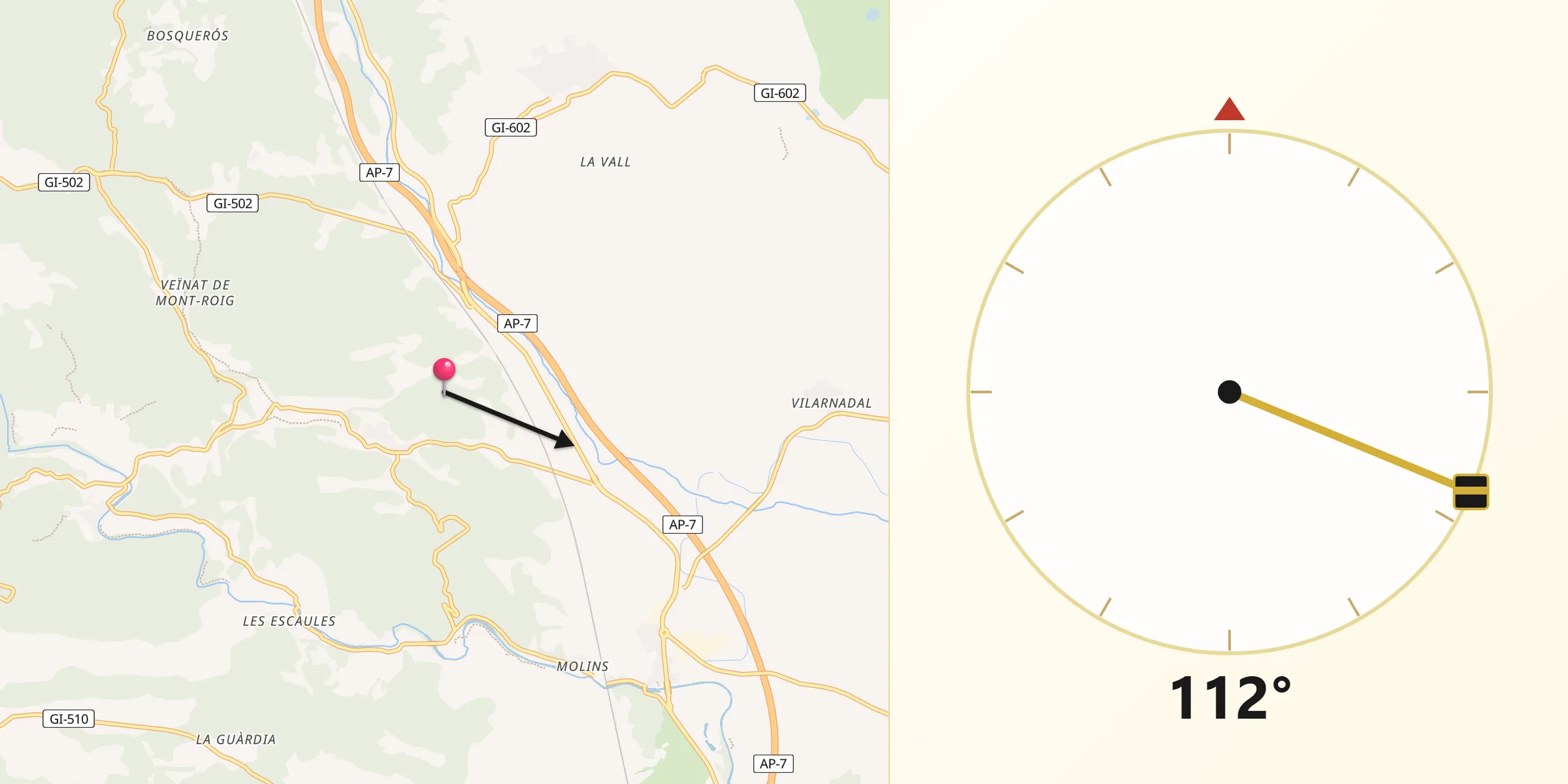 Dirección de la Qibla desde Biure
