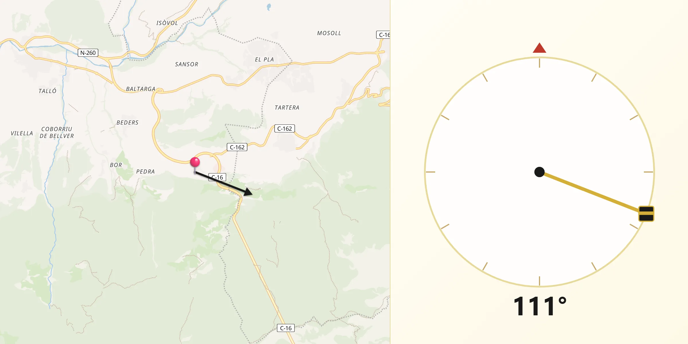 Dirección de la Qibla desde Riu de Cerdanya