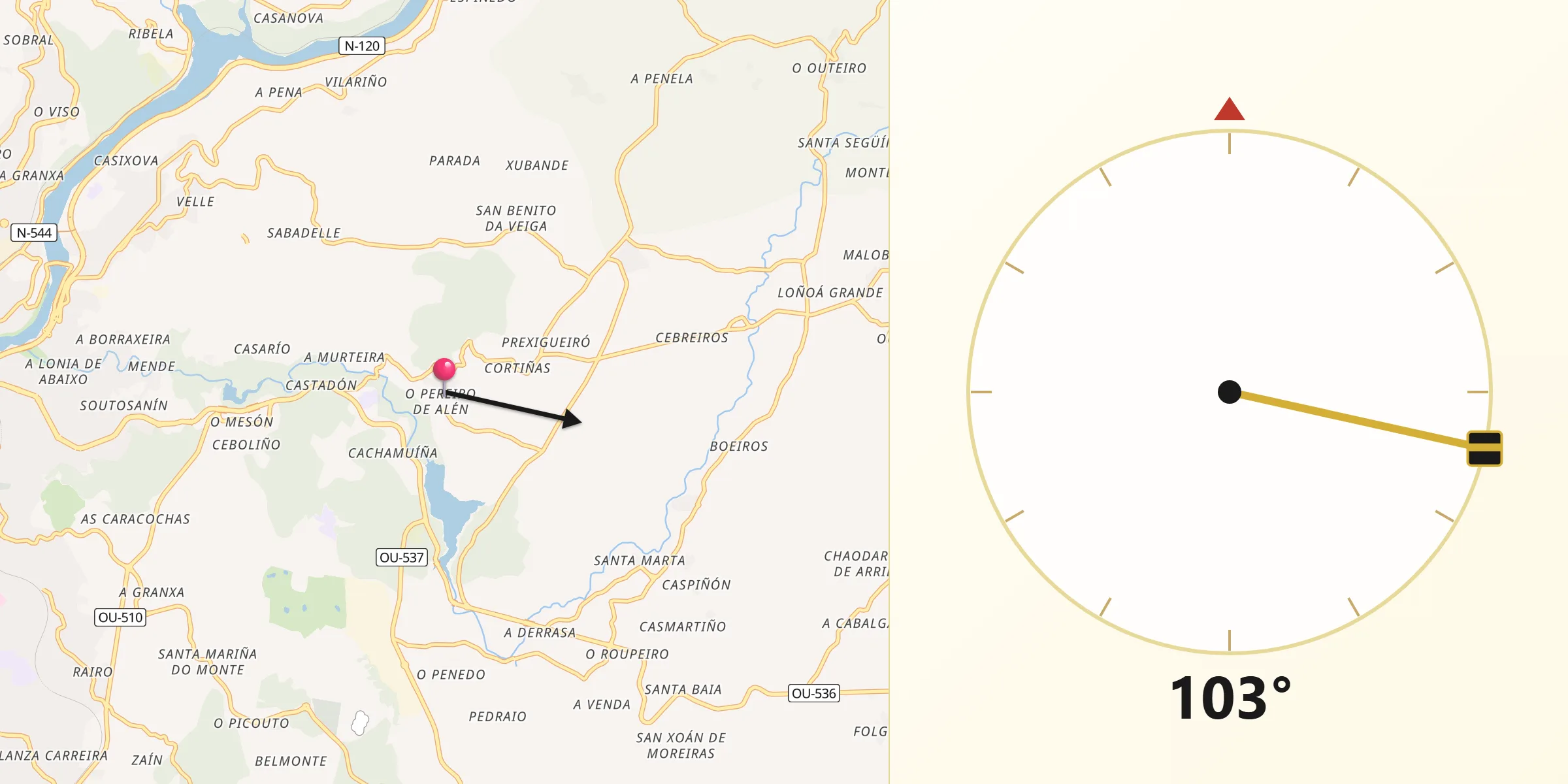 Dirección de la Qibla desde Pereiro de Aguiar