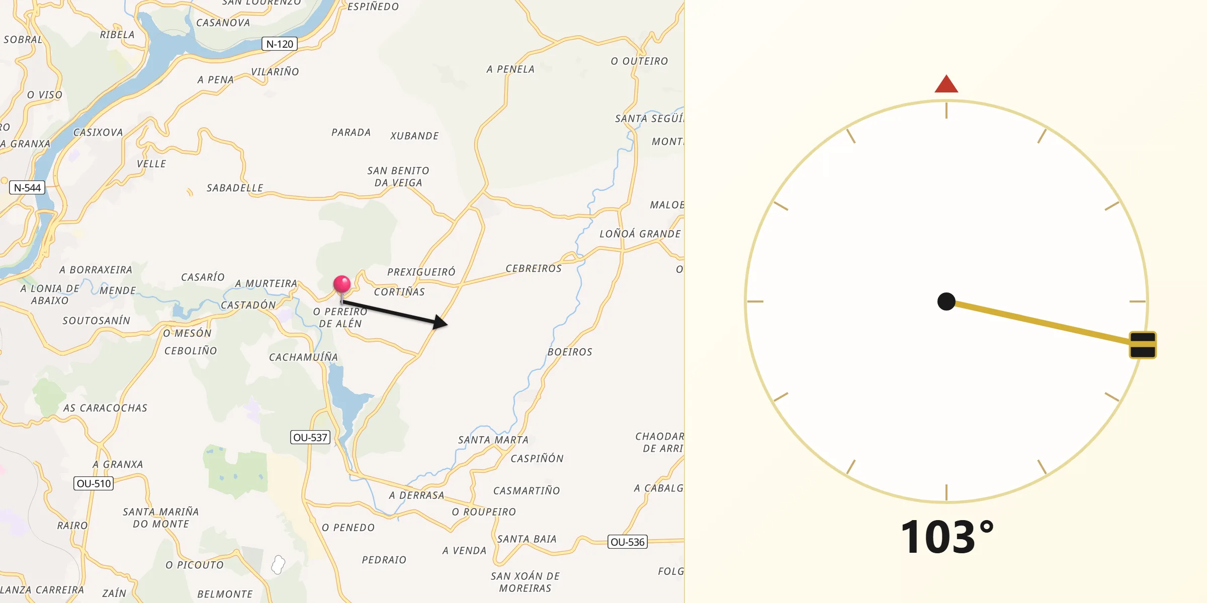 Dirección de la Qibla desde Pereiro de Aguiar O