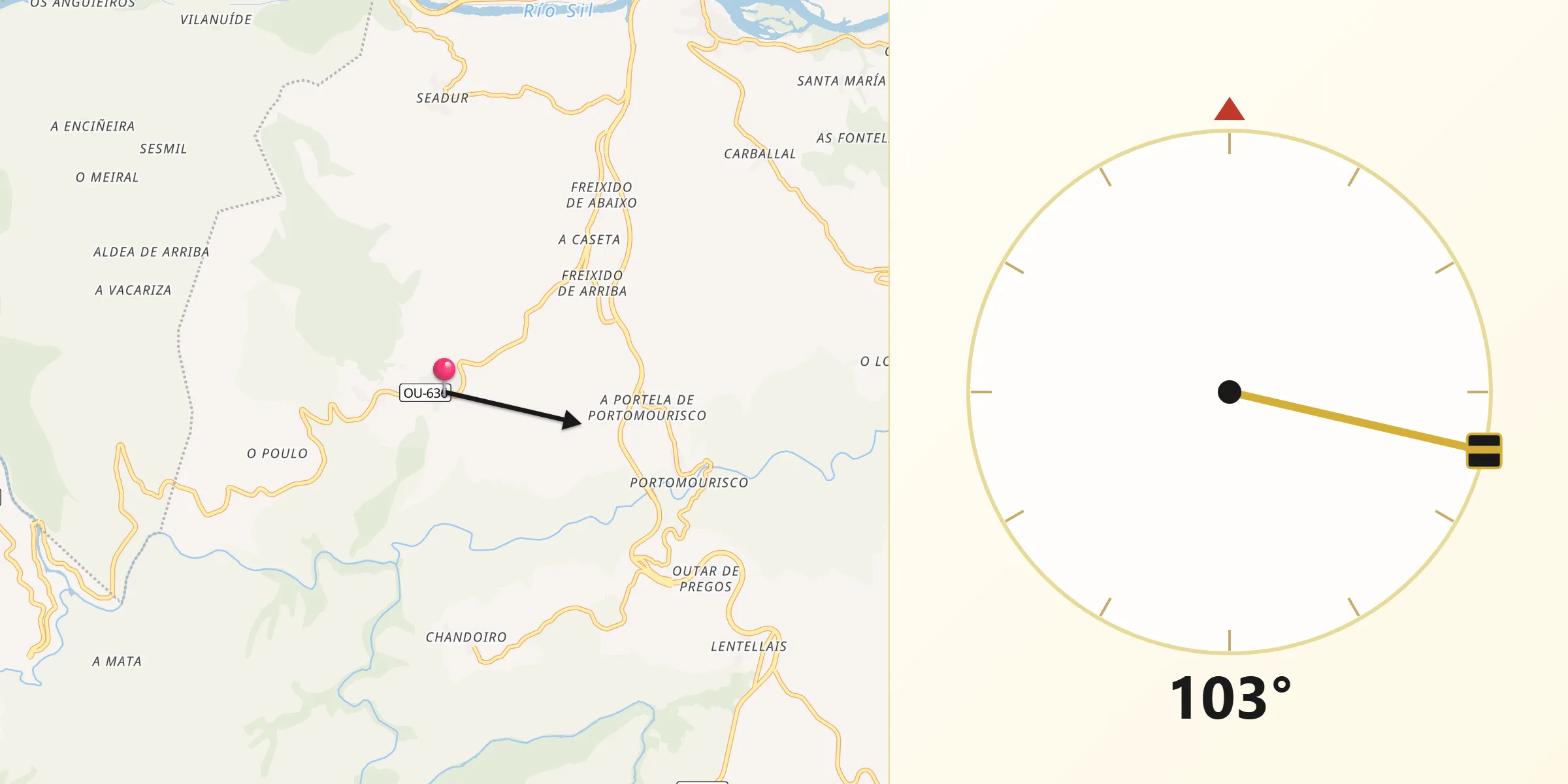 Dirección de la Qibla desde Larouco