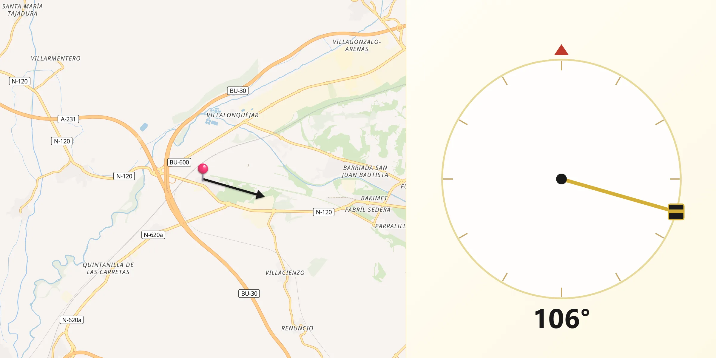 Dirección de la Qibla desde Villalbilla de Burgos