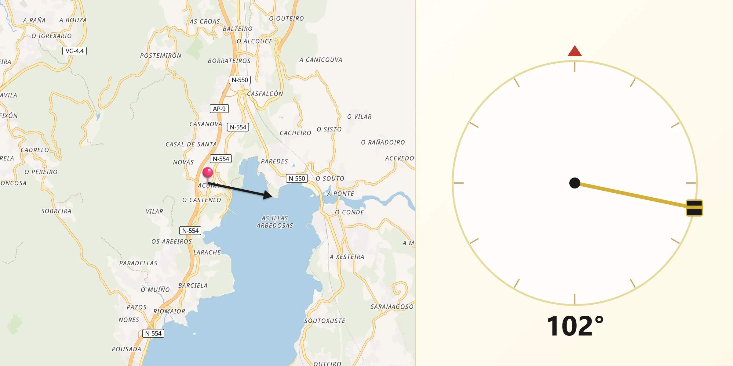 Dirección de la Qibla desde Vilaboa