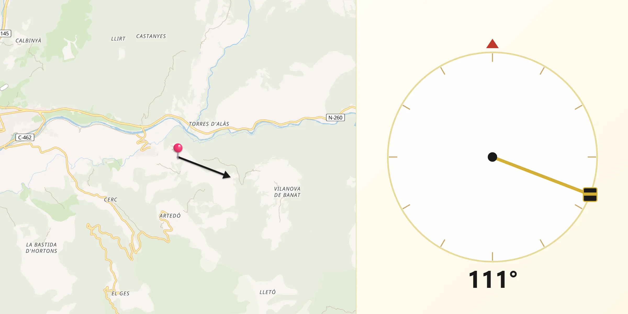Dirección de la Qibla desde Alàs i Cerc