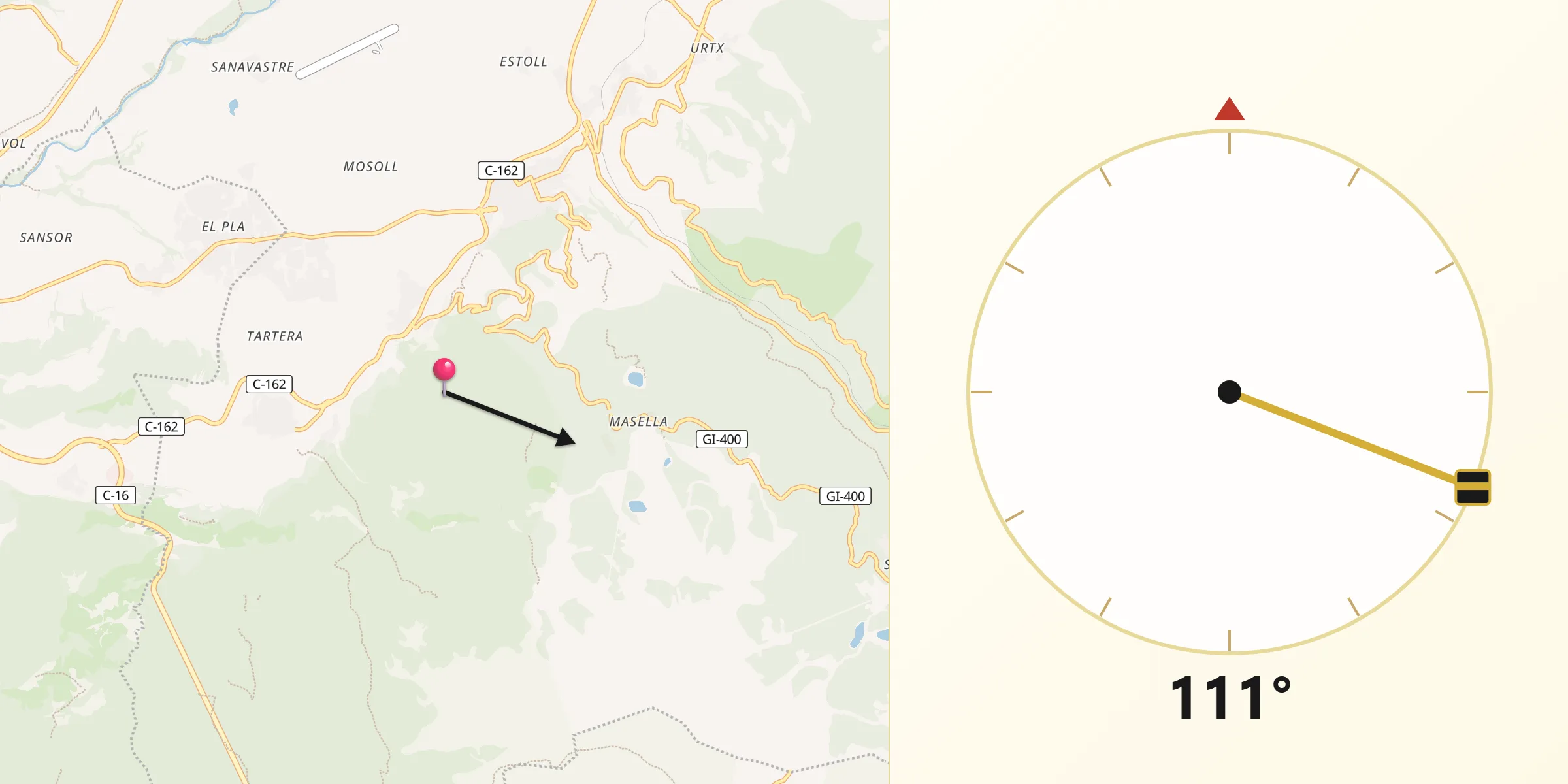 Dirección de la Qibla desde Das
