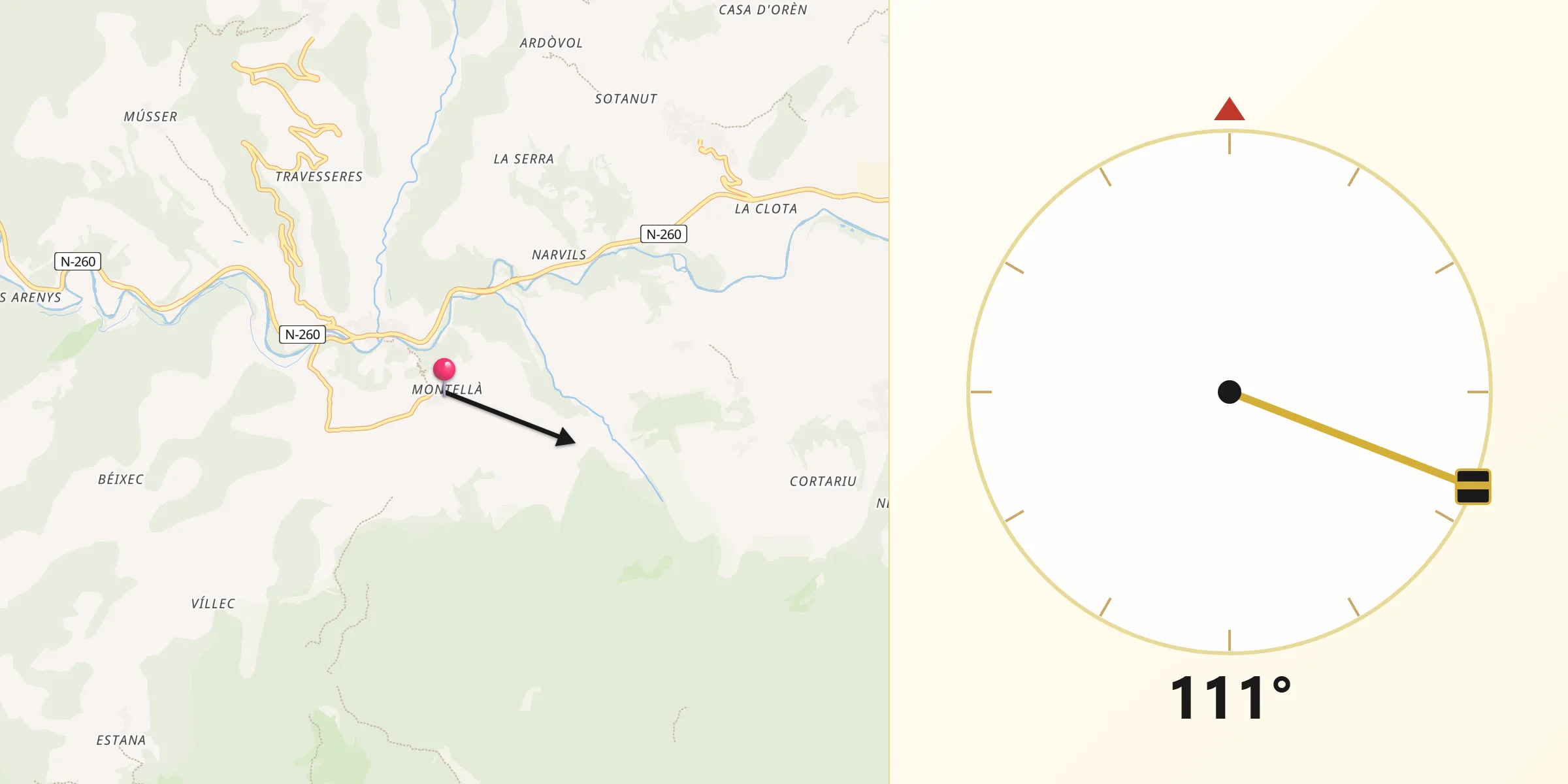 Dirección de la Qibla desde Montellà i Martinet