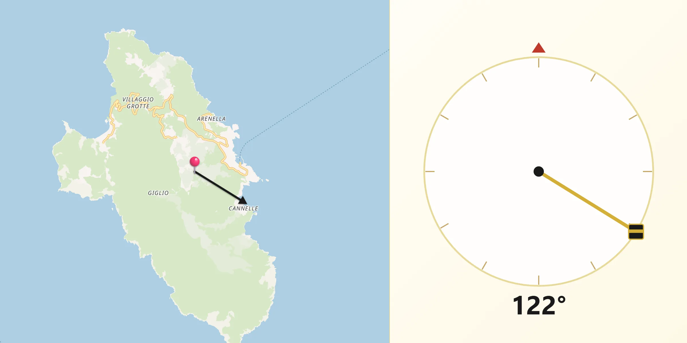 Direzione della Qibla da Isola del Giglio