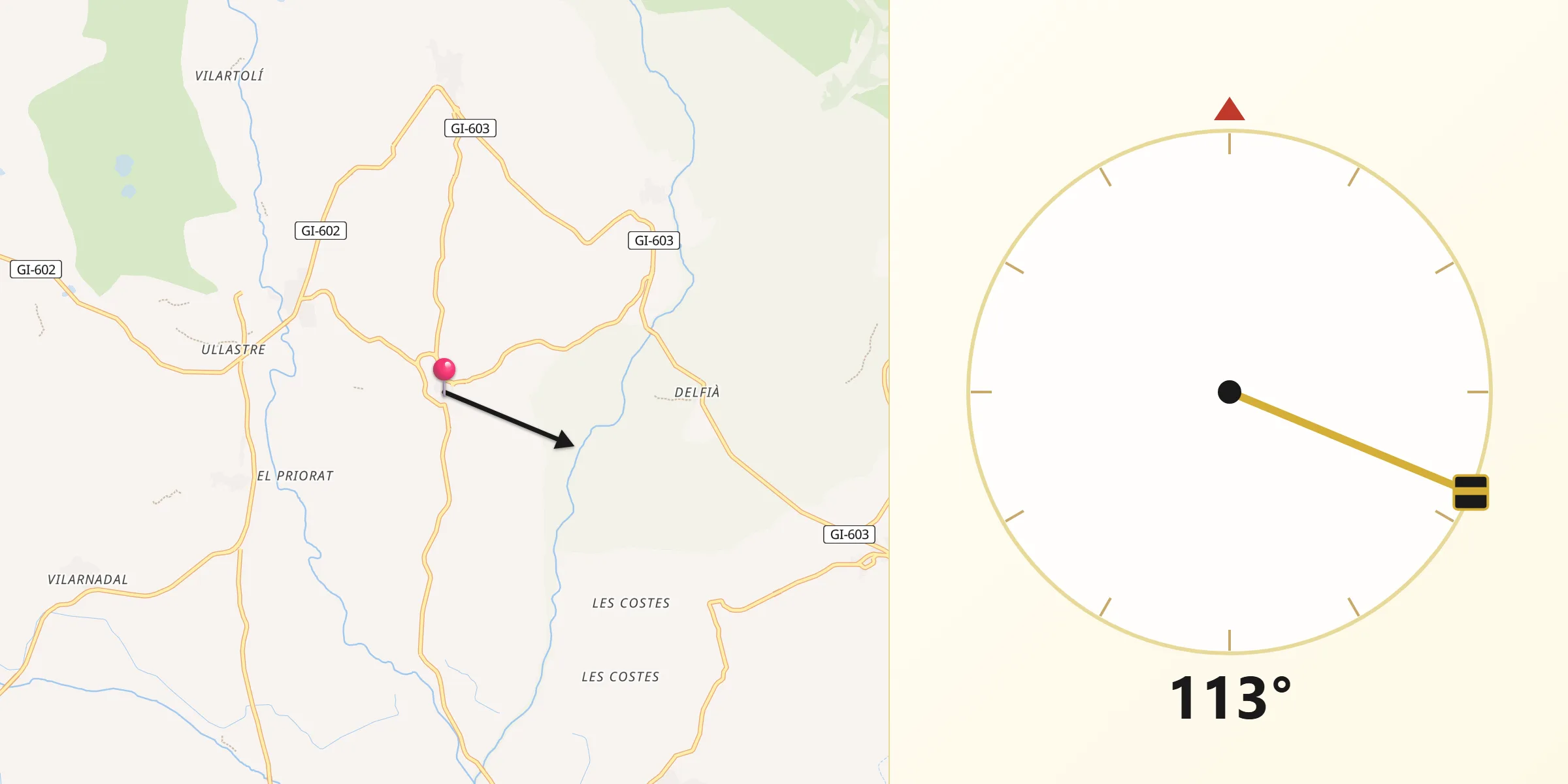 Dirección de la Qibla desde Mollet de Peralada