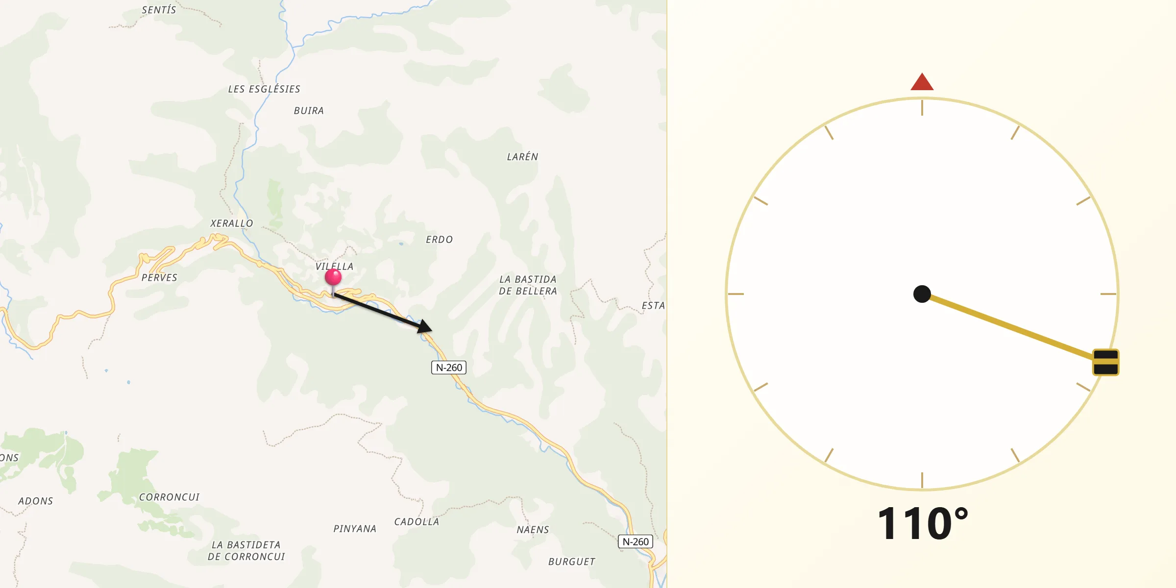 Dirección de la Qibla desde Sarroca de Bellera