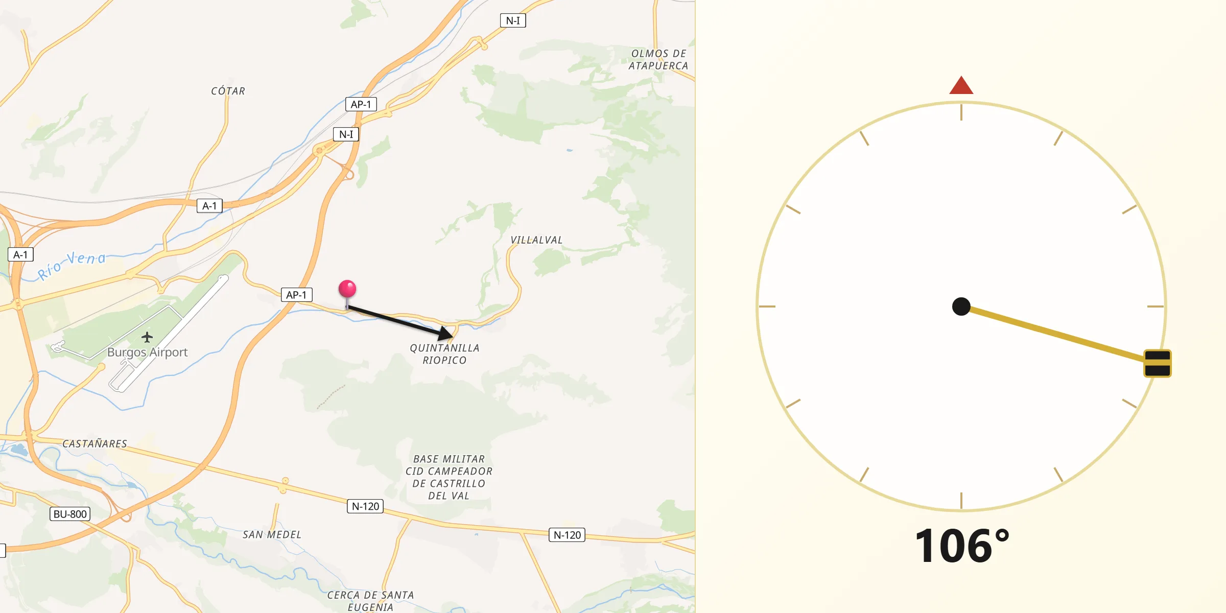 Dirección de la Qibla desde Orbaneja Riopico